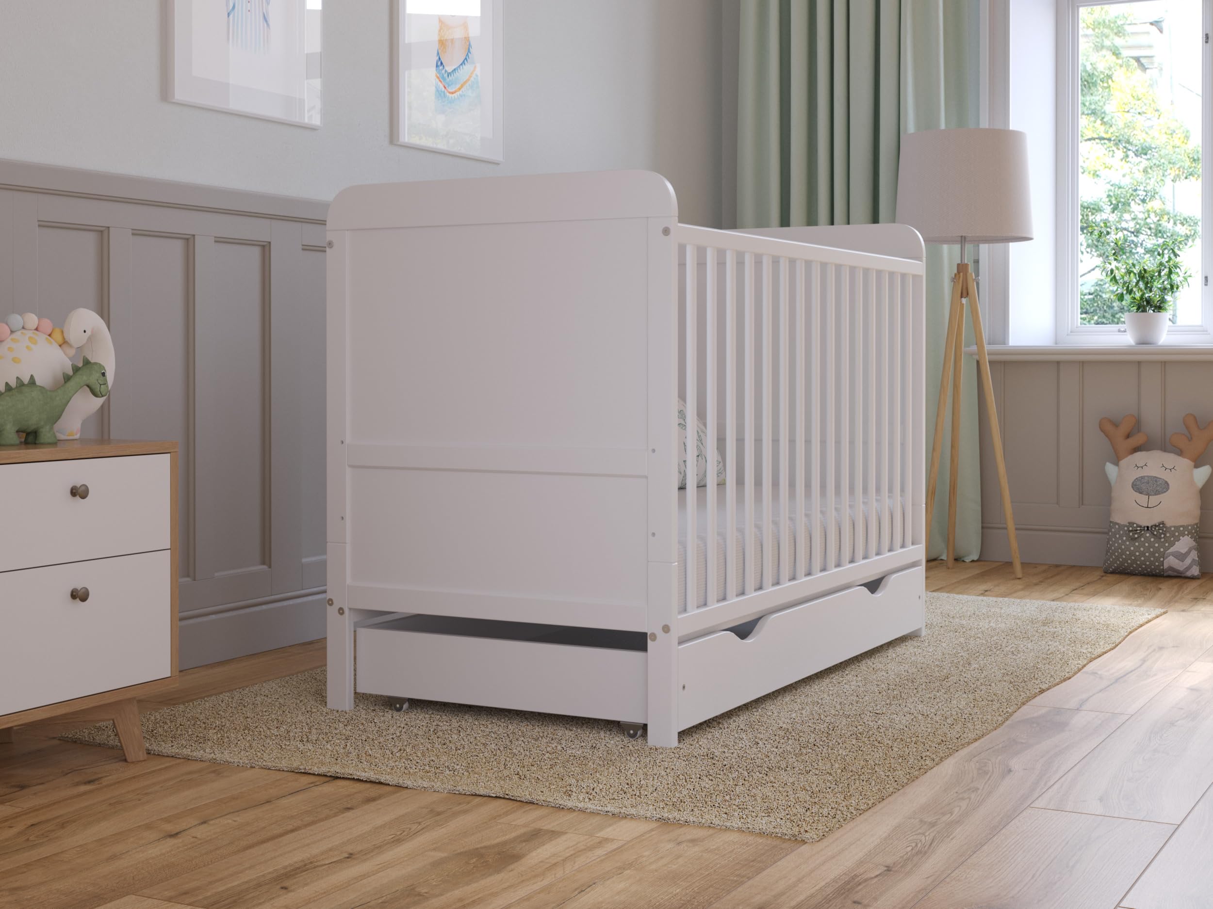 Love For Sleep Cuna de Madera para bebé 120x60 cm con cajón Blanco – Convertible en Cama Infantil – Altura Ajustable – Cuna evolutiva para recién Nacido y niño pequeño