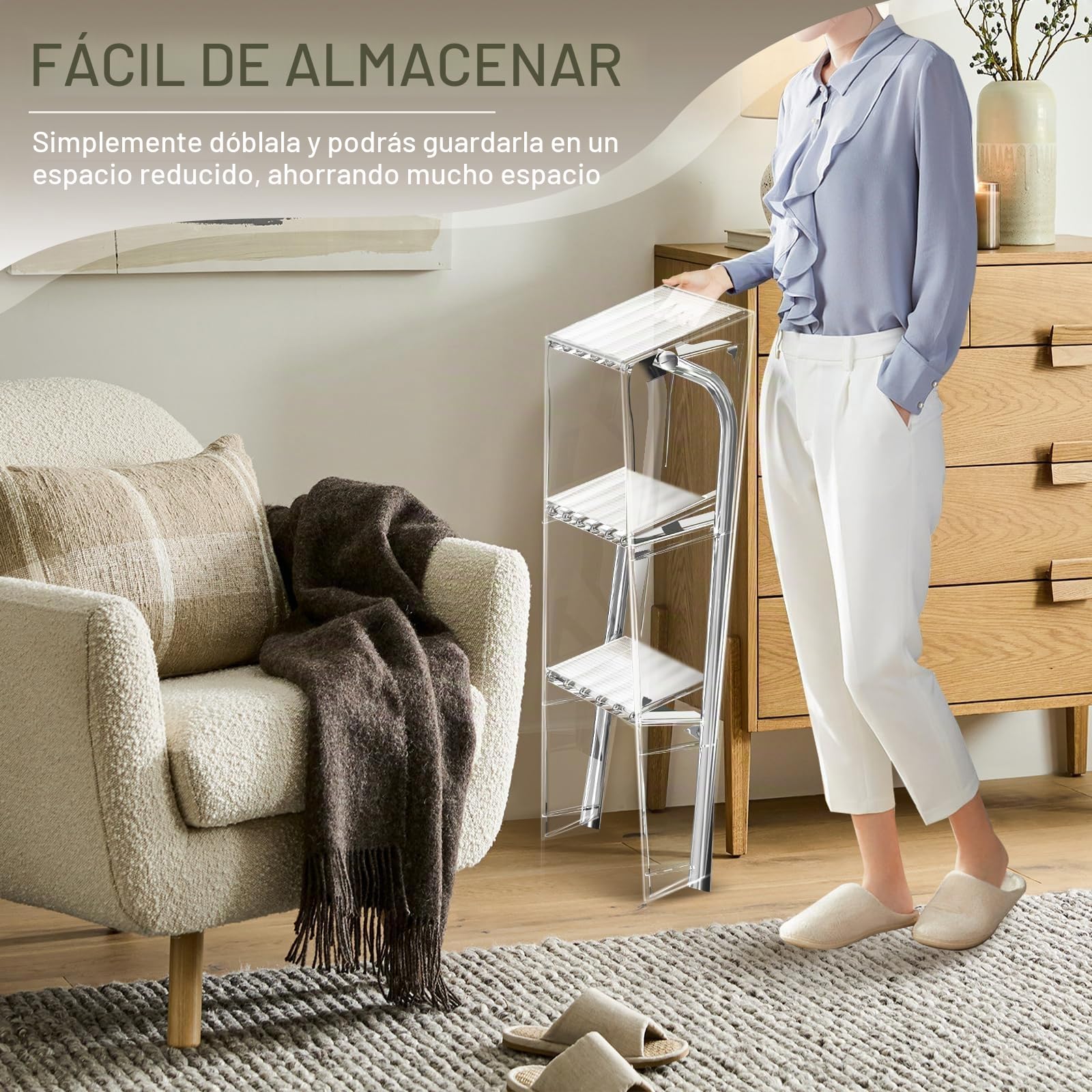 Escalera Silla Acrílico Transparente, Taburete Plegable Multifuncional Antideslizante,Taburetes de Tres Peldaños Ligera y portátil, Soporta hasta 100 kg