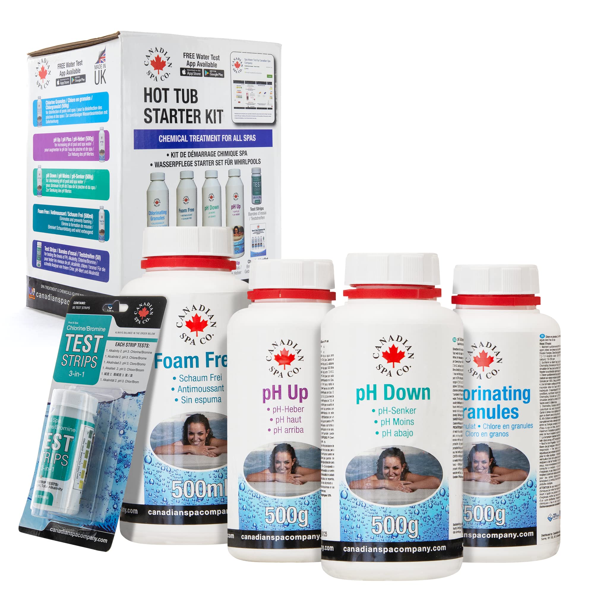 CANADIAN SPA CO. Whirlpool Reinigungsset 5-teilig mit Chlorgranulat, pH-Heber & pH-Senker, Schaum Entferner und 3-in-1 Teststreifen, Pool Zubehör Reinigung für sauberes Wasser
