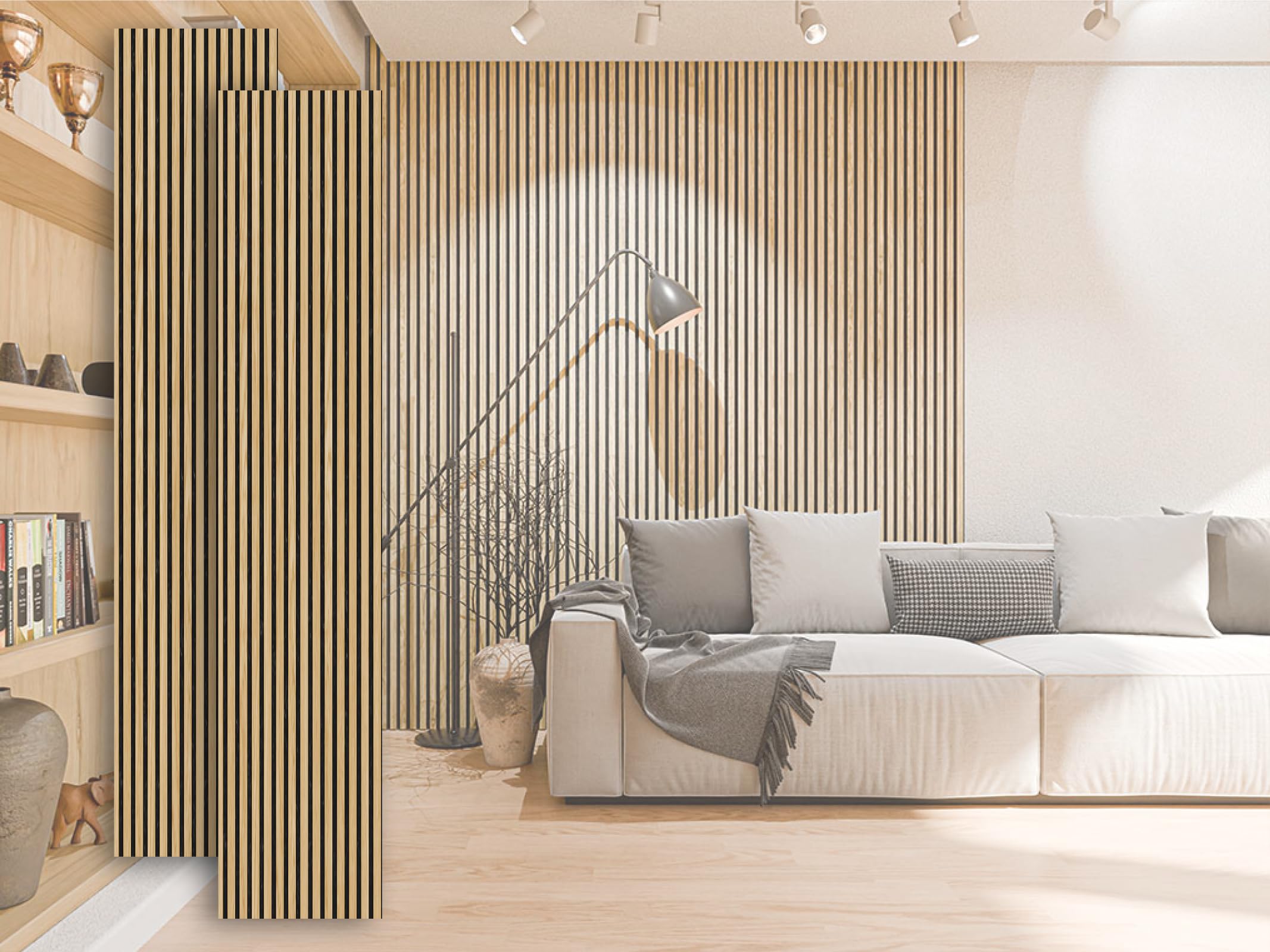 Akustikpaneele Holz 240x60 Wand Holzpanele 2er Set Wandpaneele Lamellenverkleidung Wandverkleidung aus Holzfunier Eiche Natur, Filz schwarz, geölt Oak