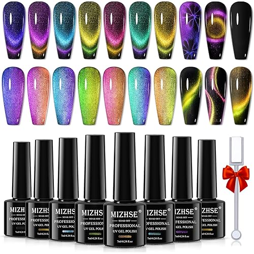 MIZHSE 8 Colors 9D Cat Eye Gel Nail Polish, Upgraded Magnetic Gel Polish Kit with Magnet Stick, Galaxy Chameleon Effect Silk Cat Eye Nail Polish Soak Off Nail Art Salon Manicure Home Ladies Gift