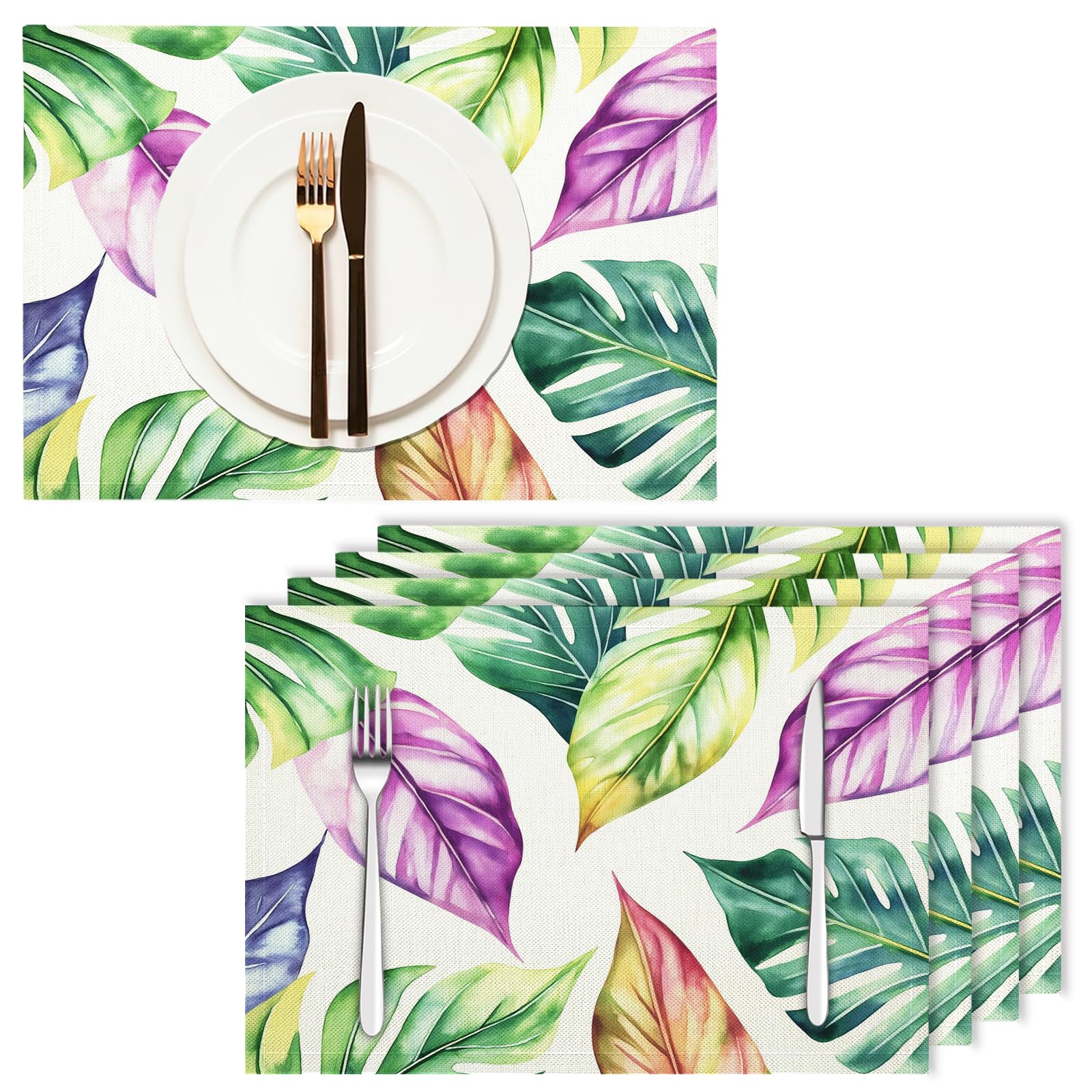 Set di 8 Tovagliette Americane Lavabili Cotone Lino Foglie tropicali - Tovaglietta Americana Resistenti al Calore Durevole Acquerello - per Colazione Pranzo 30×45 cm