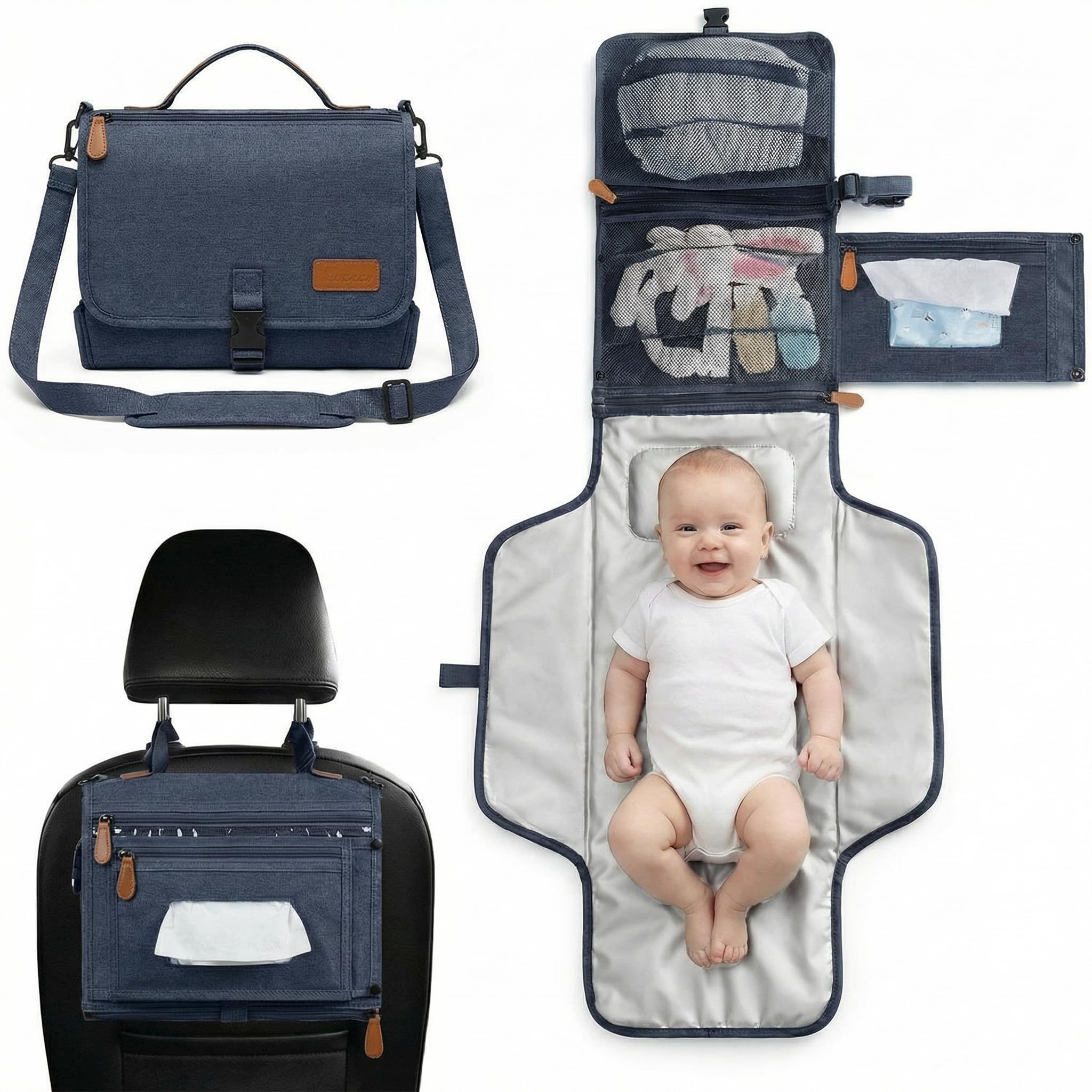 UBRAVOO Tragbare Wickelunterlage – Wickeltasche für unterwegs mit Tasche für Feuchttücher, tragbare Wickelunterlage mit intelligentem Design, Geschenk für neugeborene Mädchen und Jungen (Dunkelblau)