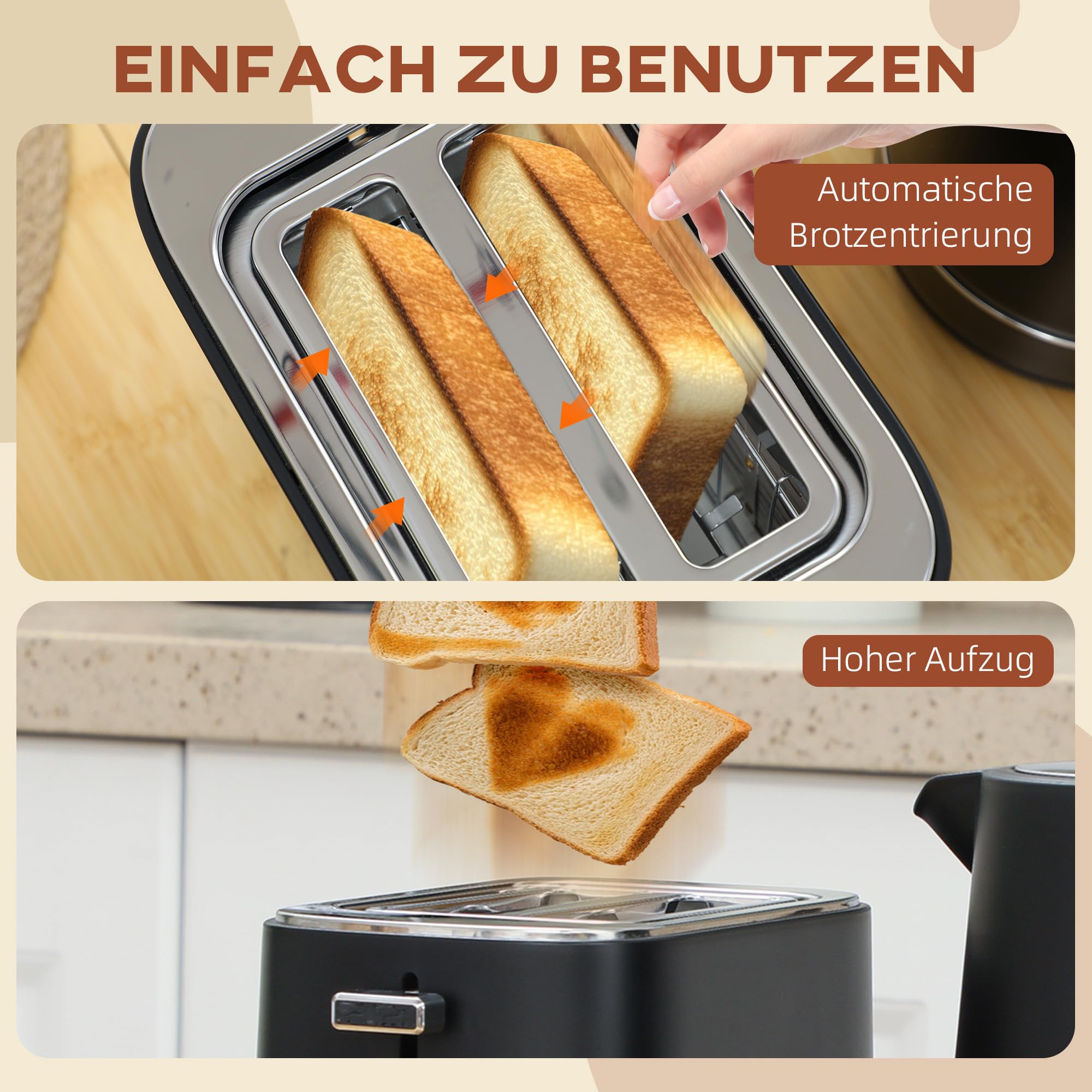 HOMCOM Bouilloire Grille-pain Set 2200 W 1,7L Bouilloire, Grille-pain 2 disques, 6 niveaux de brunissage, réchauffage et décongélation, Set petit-déjeuner avec filtre anticalcaire & compartiment à