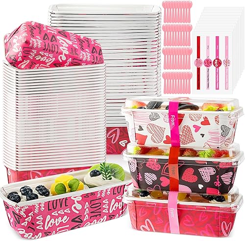 FoldTier 120 piezas de moldes para pan para el día de San Valentín con tapas, moldes de papel desechables para hornear, moldes rectangulares de