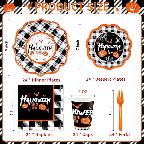 Miniatura 2 de DYLIVeS Kit de suministros para fiesta de Halloween, vajilla desechable de calabaza y murciélagos a cuadros de Halloween, incluye platos de cena,