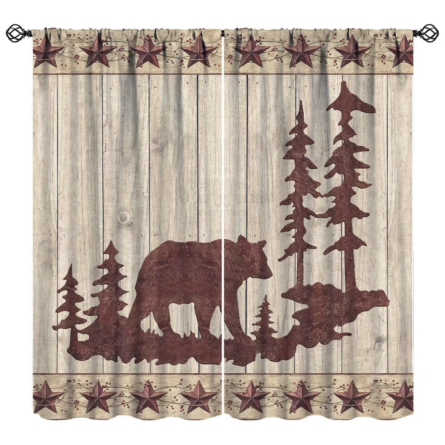 Bear Kitchen Curtains, Rustic Cabin Forest Bear Wild Animals Wooden Board Country Farmhouse Room Darkening Door Window Rod Pocket Curtain for Living Room Bedroom W55xL63in
