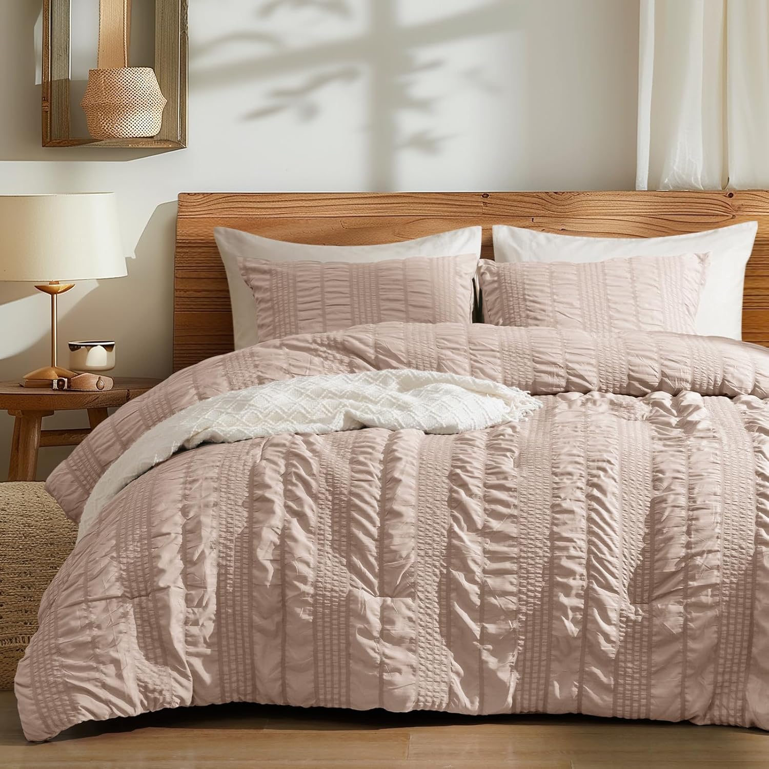 PHF Seersucker Taupe King Size Comforter Set, 3 Pieces Summer Lightweight Soft Fluffy Bedding Set, Boho Strip Comy Down Alternative Cooling Comforter with 2 Pillowcases, 104" x 90", Taupe King Taupe