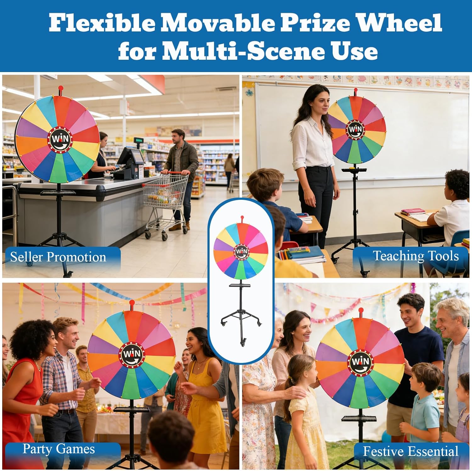 24 Inch Prize Wheel with Adjustable Stand, Spin the Wheel Game for Parties & Events,Height Adjustable 42–85 Inch,Wheel Spinner for Trade Shows, Carnivals, Classroom, Family, Party Game Spinning Game