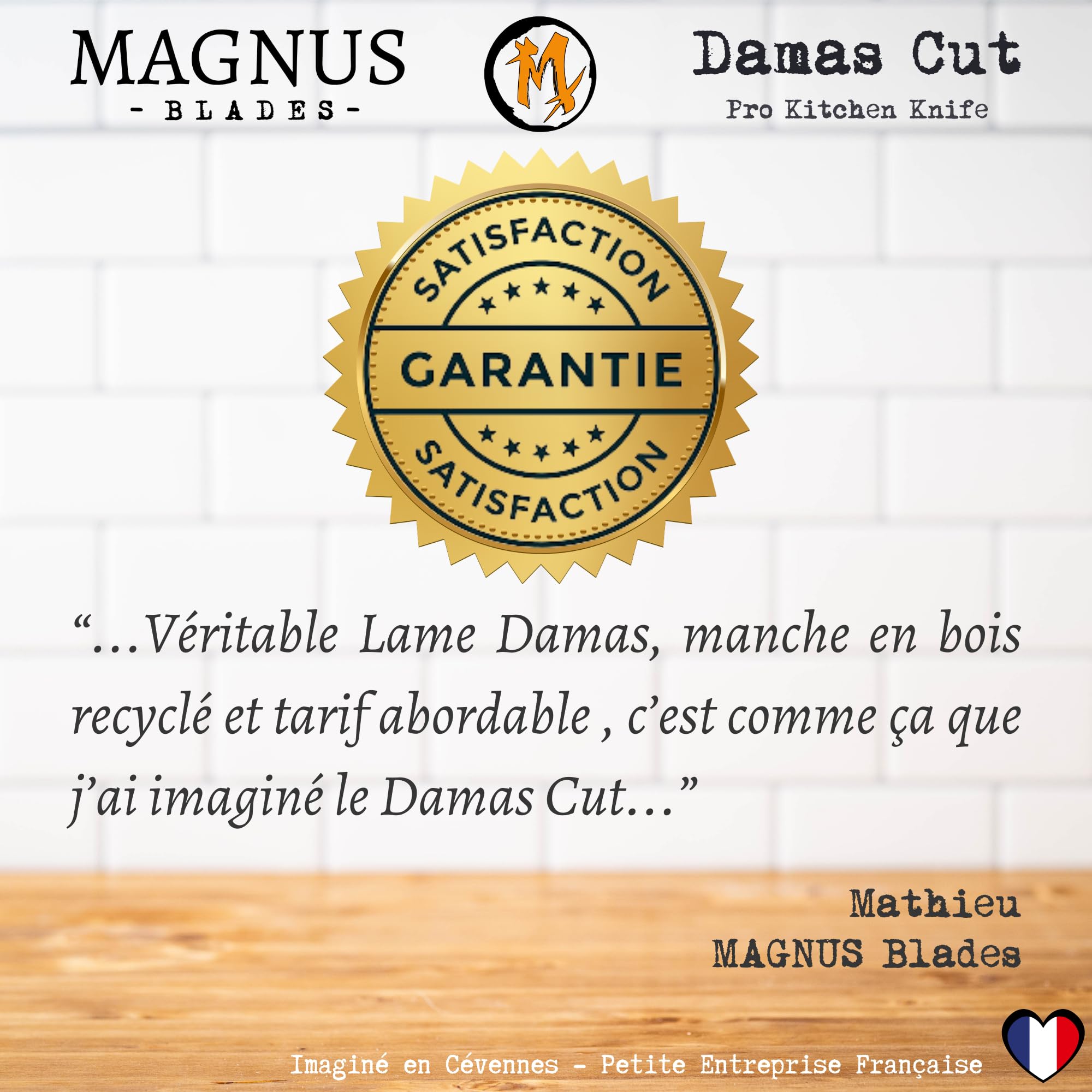 DAMAS CUT - Couteau de Chef Santoku - Véritable Lame Damas 18 cm Ultra Tranchante - Manche bois recyclé - Soie Pleine - Très Confortable - Polyvalent - Avec Etui De Protection - Enfin Un Cadeau Utile
