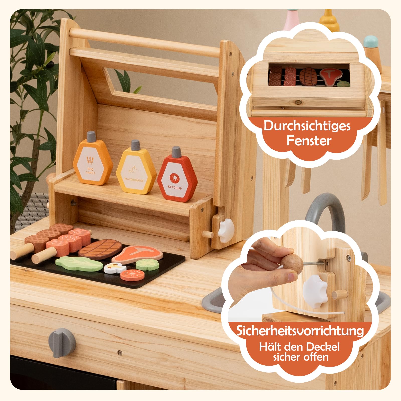 GOPLUS Matschküche Kinder mit Tafel, Kinder BBQ Grill Spielset mit Spielzeugessen, Grillwerkzeugen und Gewürzflaschen, Spielküche Kochspielset mit 27 TLG. Zubehör für Kinder ab 3 Jahren