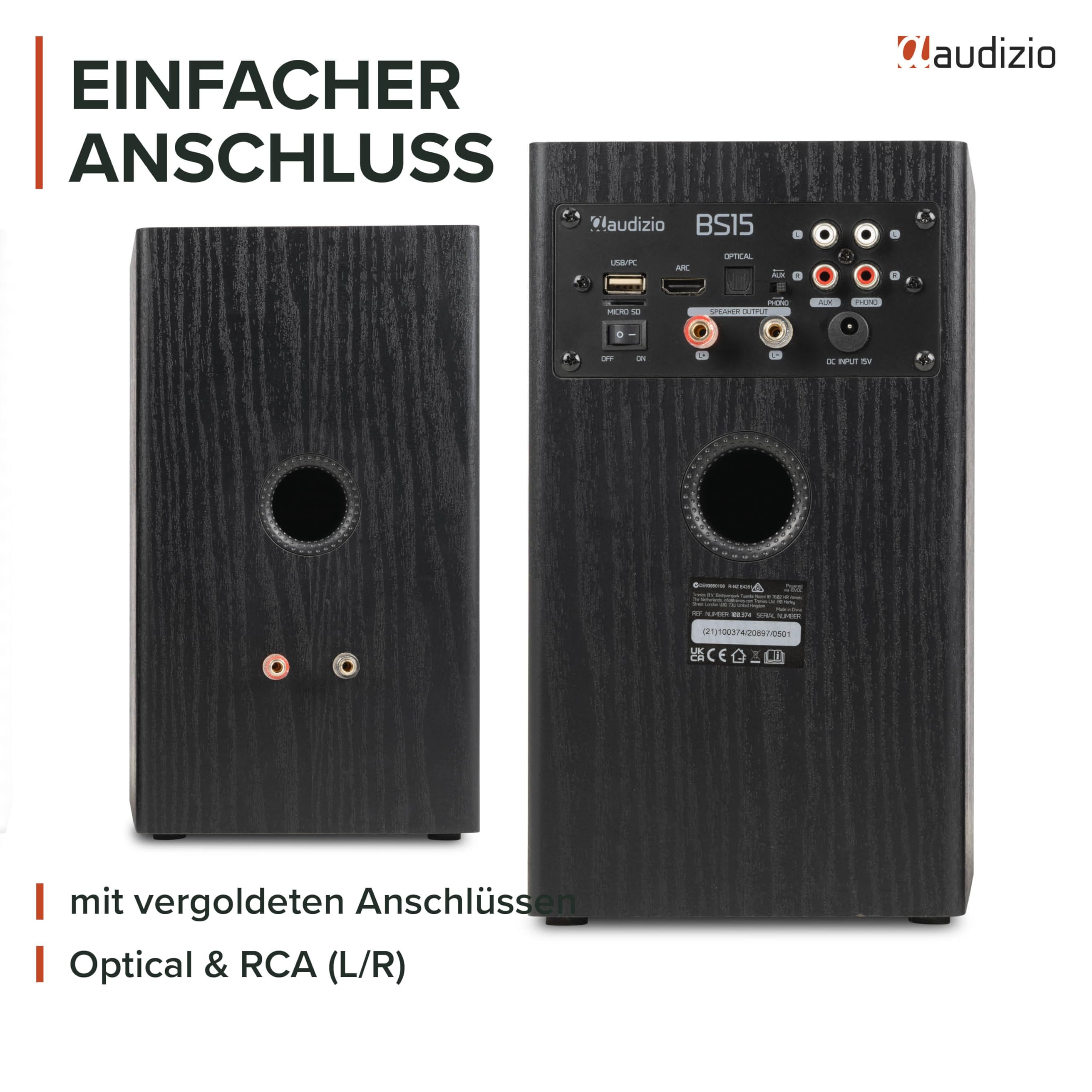 Audizio BS15 Aktivlautsprecher Boxen Paar - 60 Watt Bluetooth HiFi Lautsprecher Set mit HDMI ARC, Optical & RCA - Regal Lautsprecher, Studio Boxen für PC, TV & HiFi - Schwarz