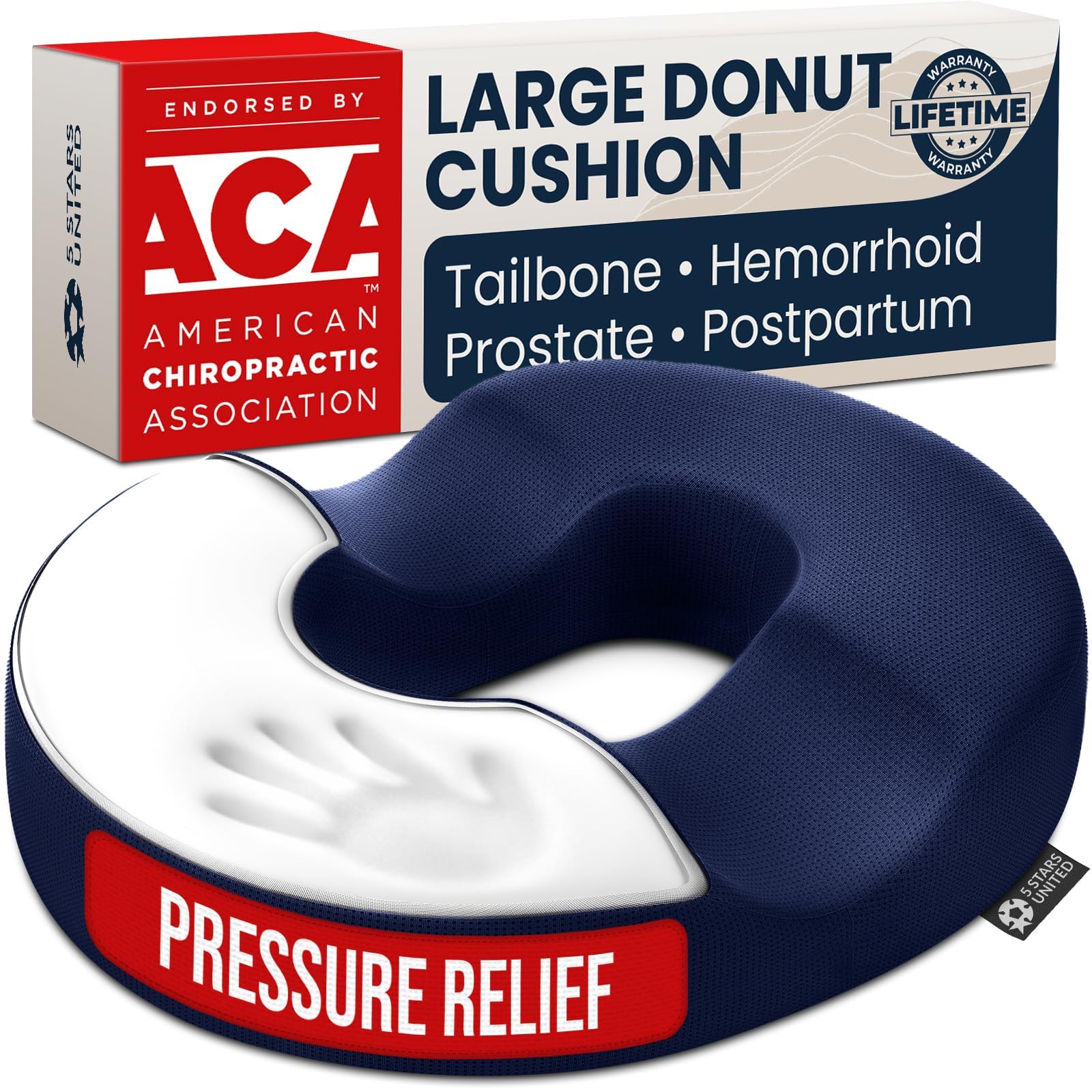 5 STARS UNITED Donut Pillow for Tailbone Pain &amp; Hemorrhoids – Large Memory Foam Seat Cushion for Bed Sore-Prone Areas &amp; Pressure Relief – Prostate, Postpartum &amp; Pregnancy Support, Blue Mesh Cover