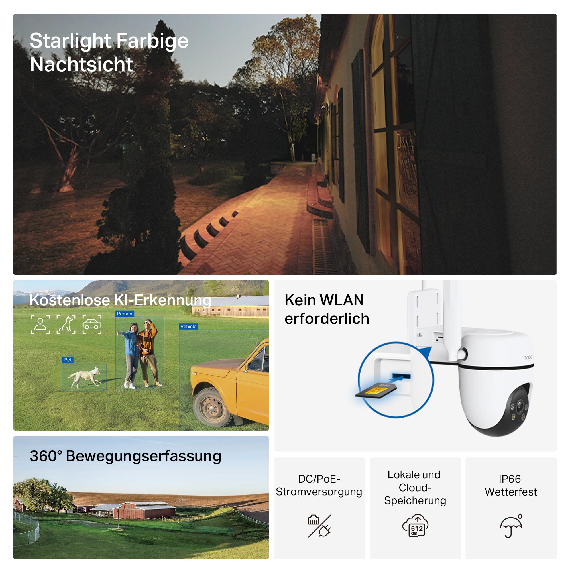 Tapo C501GW 360° 4G LTE Überwachungskamera mit SIM-Kartenslot, kein WLAN erforderlich, Starlight farbige Nachtsicht, AI-Erkennung, DC/PoE-Stromversorgung, IP66, lokaler und Cloud-Speicher, kein WLAN