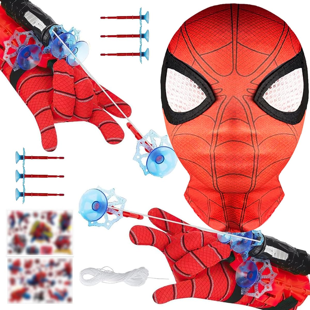Juego de 2 Guantes Lanzadores de Arañas Spiderm Lanza Telarañas Guantes con Máscara y Dardos, Spiderm Guantes Lanzadores de Spiderm para Niños para Juegos Infantiles para Fiestas de Cosplay