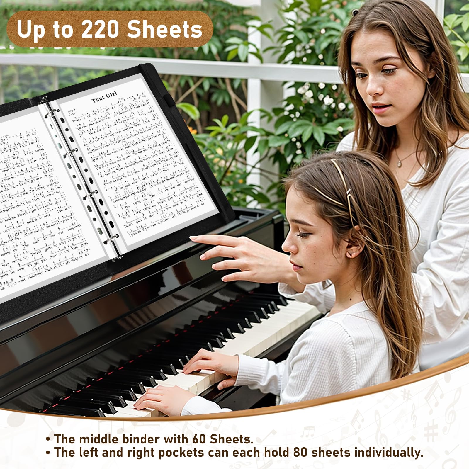 Irich A4 Large Synthetic Leather Sheet Music Folder,4 Ring Thickened Synthetic Leather Music Folder,30 Pockets 60 Pages,Black,220 Maximum Sheets - Image 4