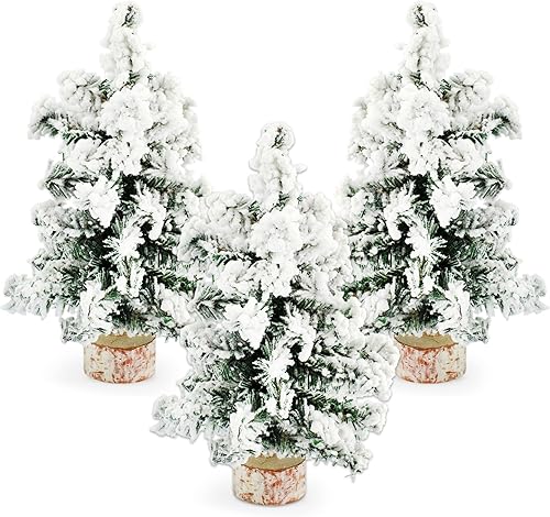 AuldHome Mini árboles de Navidad (paquete de 3, 10 pulgadas, flocados) decoración navideña de mesa de pino canadiense