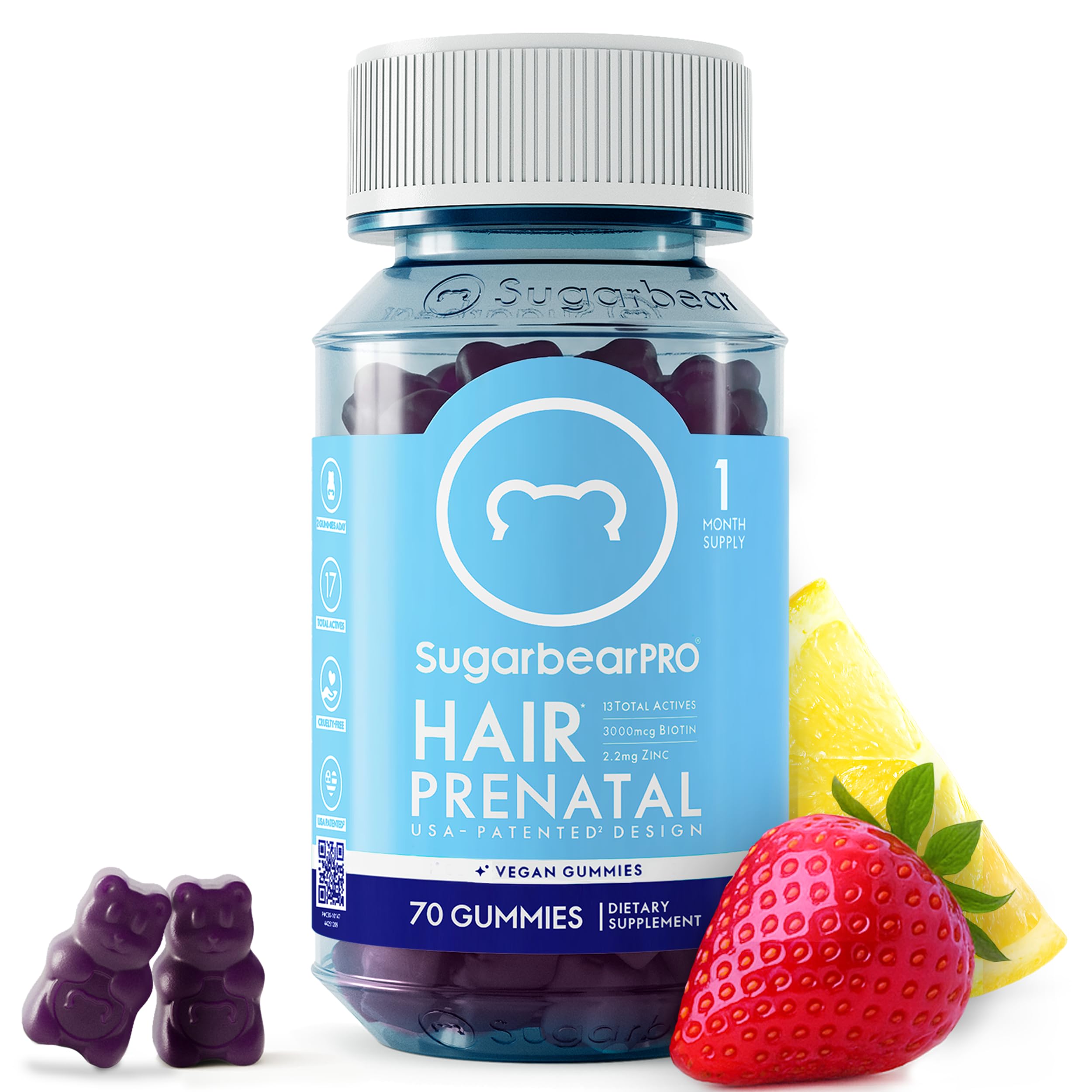 SugarBearHair SugarbearPRO Gummies pré-natais com biotina, folato e vitamina D, 3.000 mcg, 70 unidades