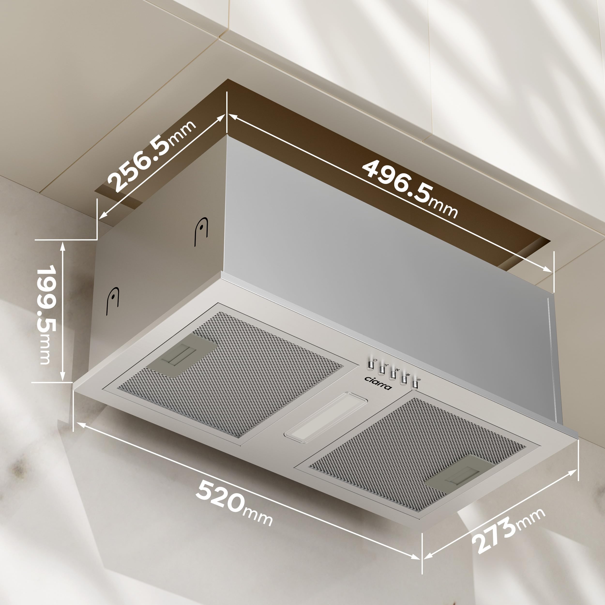 CIARRA Campana Extractora Encastrable 52cm,A++,Filtro Carbón CBCF002X2 | 404 m³/h | Recirculación/Evacuación | 3 Velocidades | Luz LED | Extractor de Cocina Integrado CBCS5937A