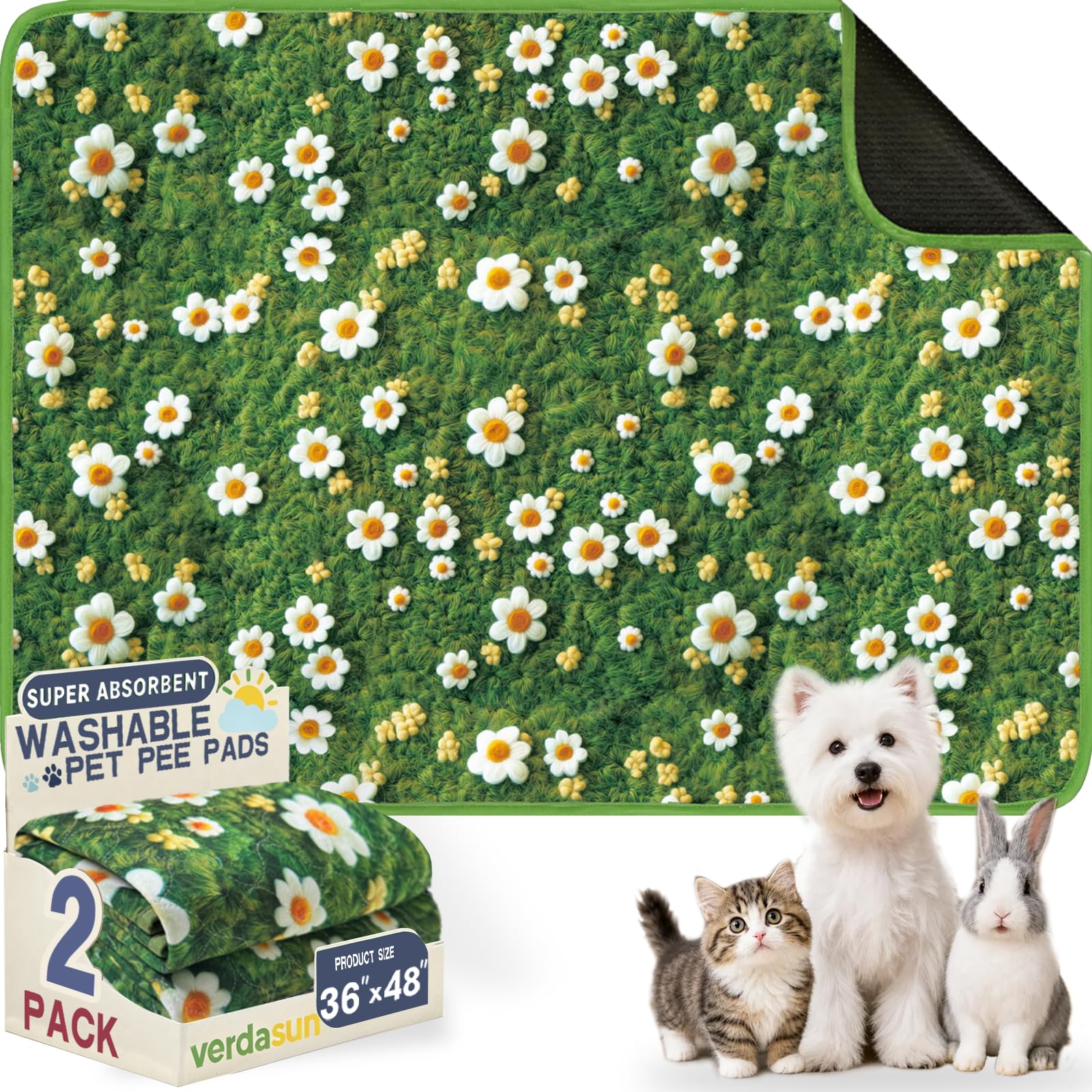 Washable Pee Pads for Dogs, Reusable Puppy Potty Training Pads, Ultra-Absorbent Thick Waterproof Leak-Proof Non-Slip Pads &amp; Mat for Crate, Playpen, Floor, Whelping &amp; Housebreaking , 2 Pack 36"x48"