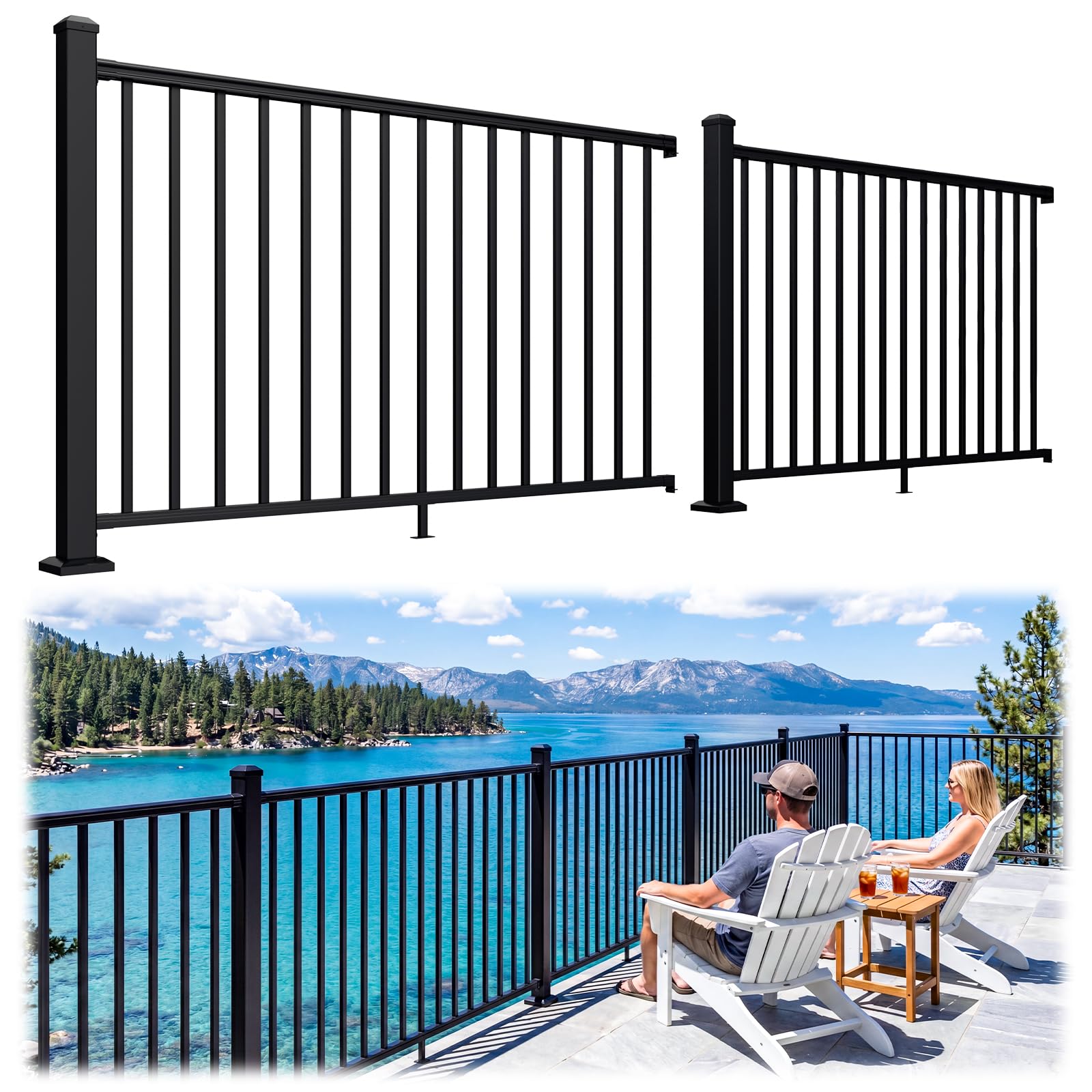 Photo 1 of Egadis 42 in. H x 12 ft. W Porch and Deck Railing Kit, Aluminum Railing Kit, Black Textured AAMA 2604 Powder-Coat Finish Modular Rail System for Outdoor Decks, Porches & Balconies (2 Post, 2 Panel)