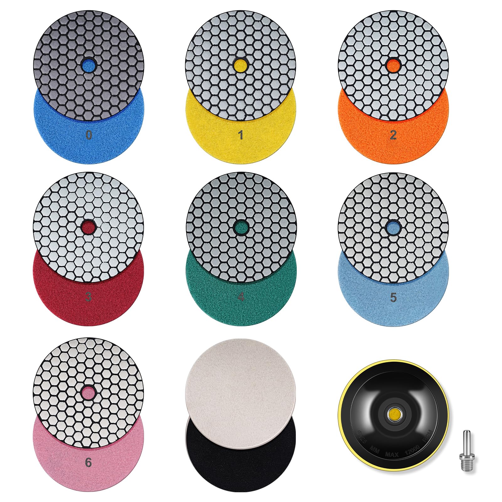 125 mm sucha diamentowa tarcza polerska, 9 sztuk, ziarnistość #50, #100, #200, #400, #800, #1500 i #3000, tarcze polerskie z talerzem podporowym M14, do szlifierek kątowych