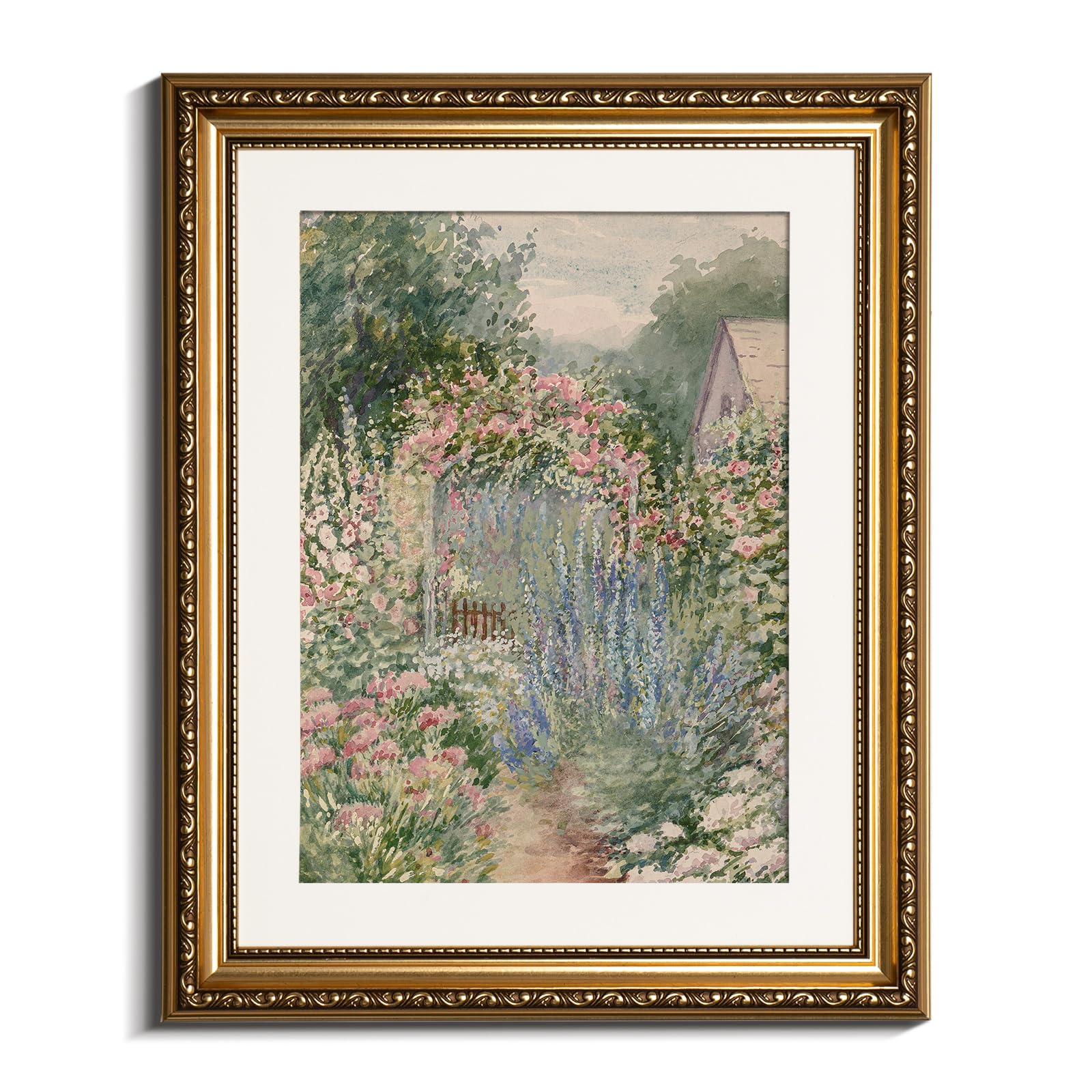 VIYYIEA Gold Framed Impressionist Garden Scene Wall Art, Watercolor Floral Landscape Art for Classic Wall Decor | Elegant Aesthetic, Glass-Free Glare-Proof Design, Lightweight Canvas | 13x16 Inch — image 1