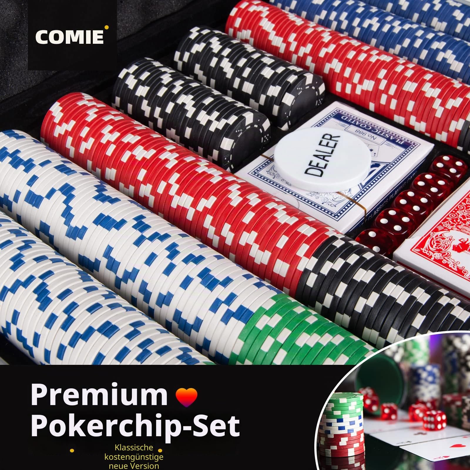 Comie Pokerchips, 500-teiliges Pokerchip-Set mit Aluminium-Reisekoffer, 11,5 g Poker-Set für Texas Holdem Blackjack-Glücksspiel