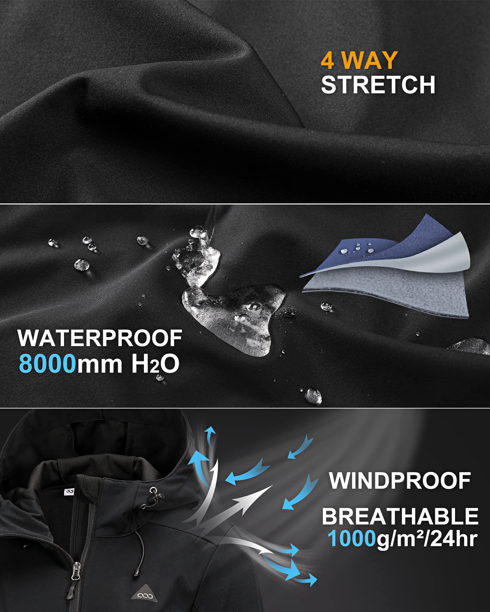 33,000ft Damen Softshelljacke Wasserdichte Winddichte Funktionsjacke Atmungsaktive Übergangsjacke Leichte Fahrradjacke mit Kapuze Windbreaker zum Laufen, Radfahren, Wandern