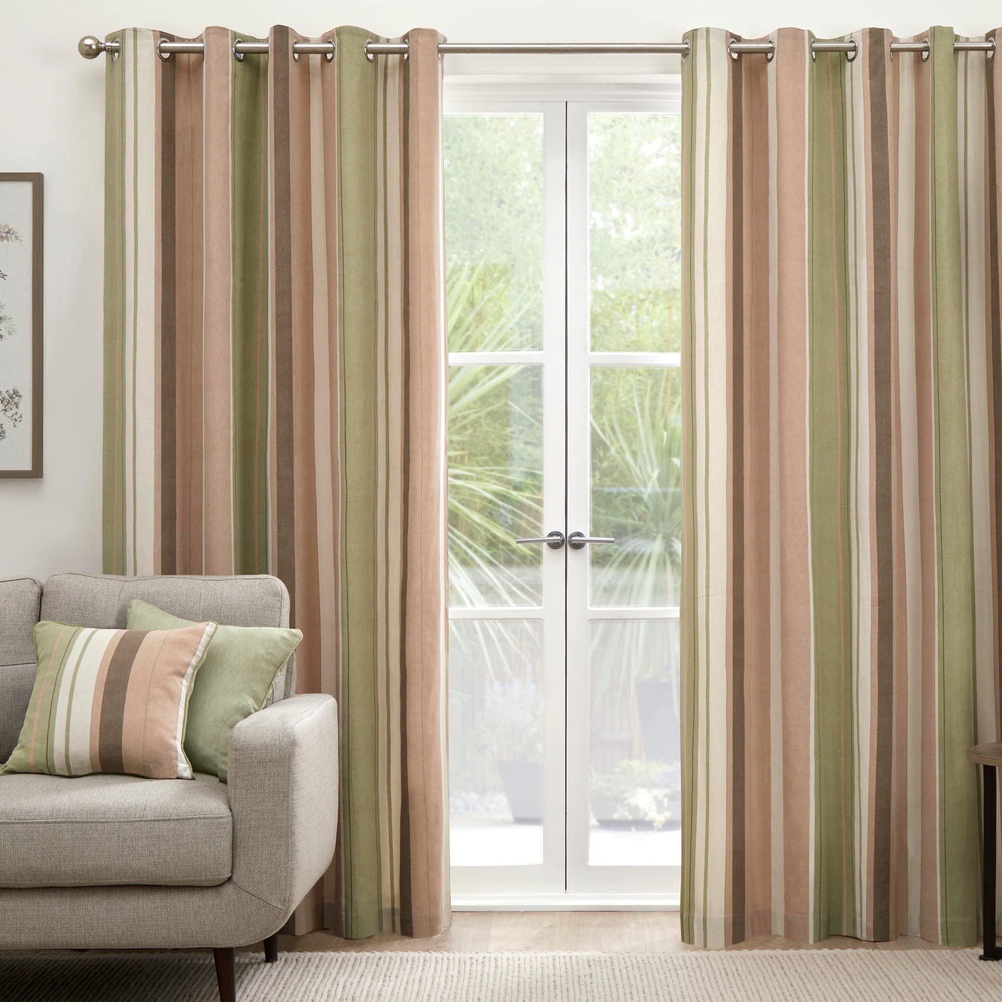 Fusion - Whitworth Stripe - 100% Cotton Pair of Eyelet Curtains - 90" Width x 90" Drop (229 x 229cm) in Green