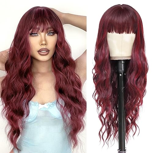 NAYOO Long Burgundy Wigs with Bangs for Women - Curly