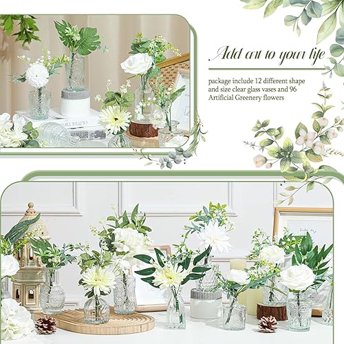 Miniatura 3 de FoldTier Juego de 108 flores artificiales multiestilo con florero de brote, 96 jarrones de vidrio, 12 piezas para bodas, fiestas, comedor, centro de