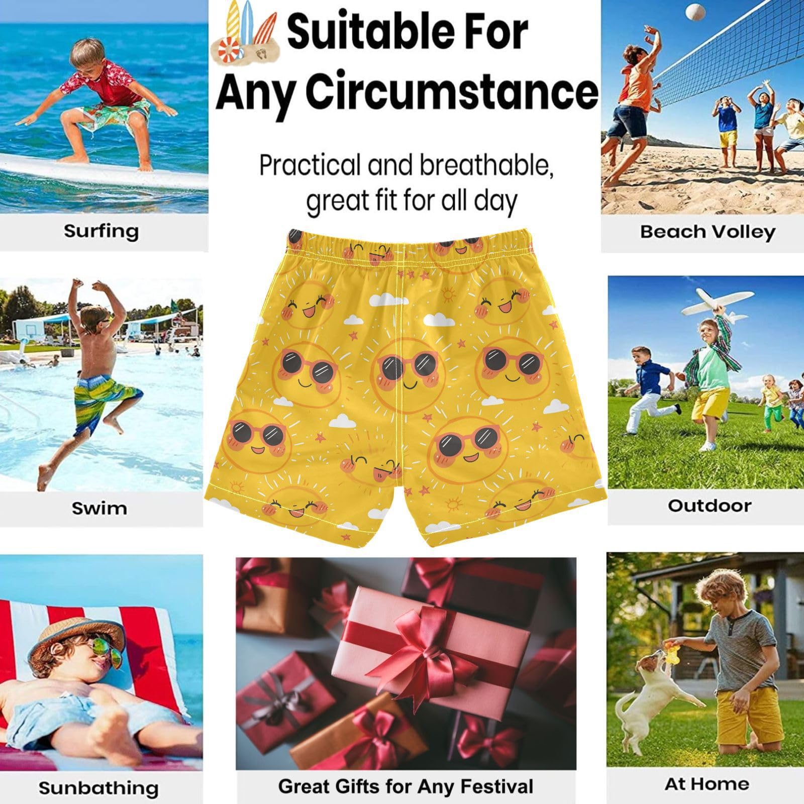 visesunny Summer Boy's Beach Shorts Cartoon Hot Sun Quick Dry Swim Trunks Baby Boy Bathing Suit with Pockets M Multi
