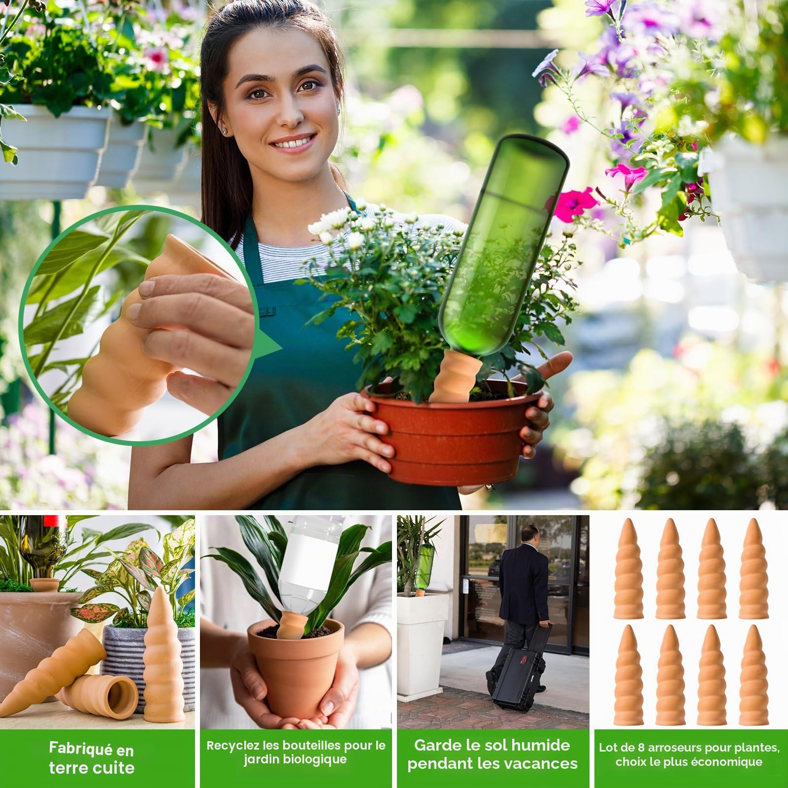 Lot de 8 Cône en Argile d’arrosage, Arrosage en Terre Cuite,Système d'Irrigation Naturel, arrosage Automatique pour Jardin Plantes d'intérieur.jardinières et Plantes en Pot, Terre Cuite,Marro.