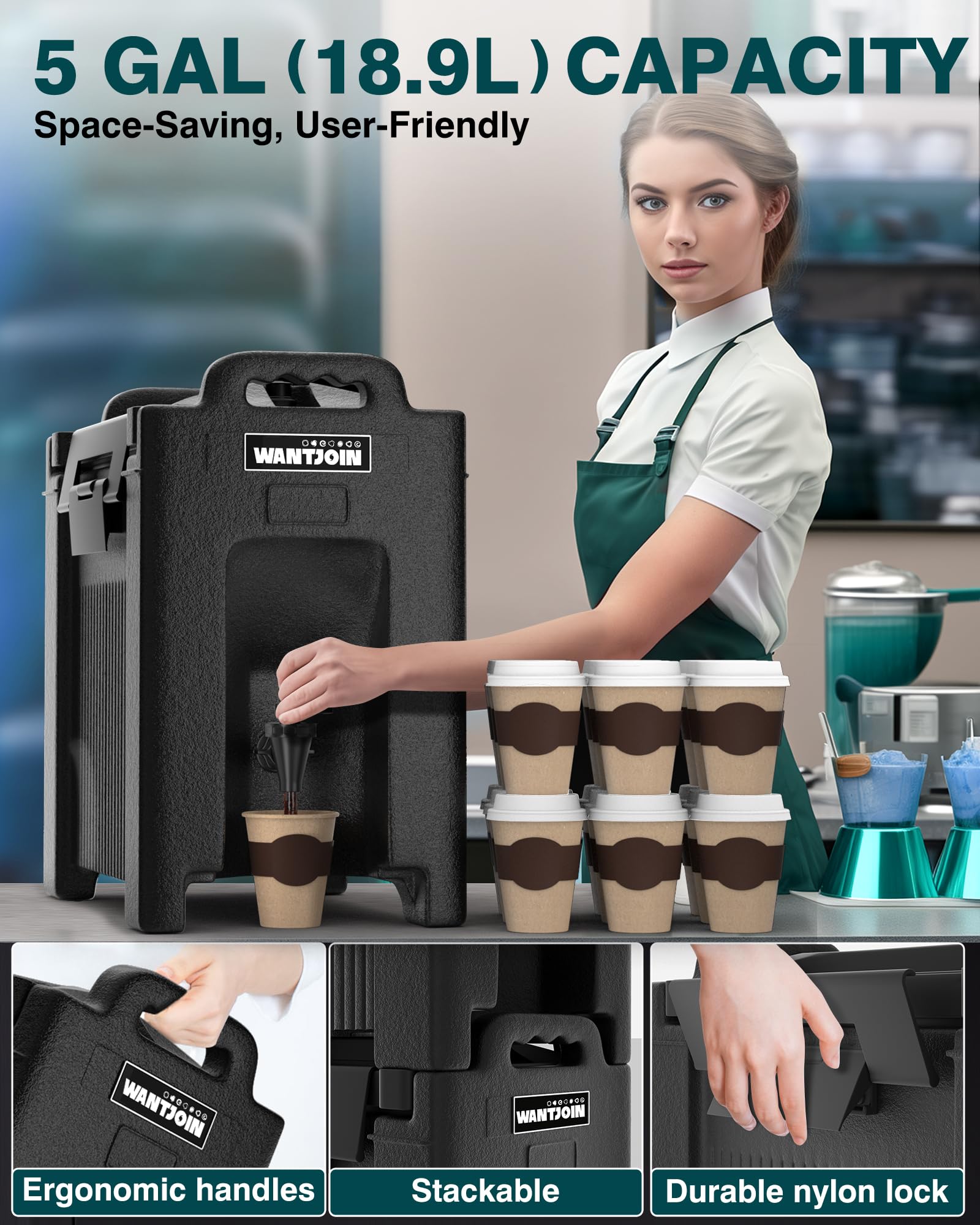 WantJoin Insulated Beverage Dispenser 2.5 Gallon-Hot and Cold Drink Container with Handles, Thermal Drink Dispenser Cooler Server carrier For Commercial Catering Black