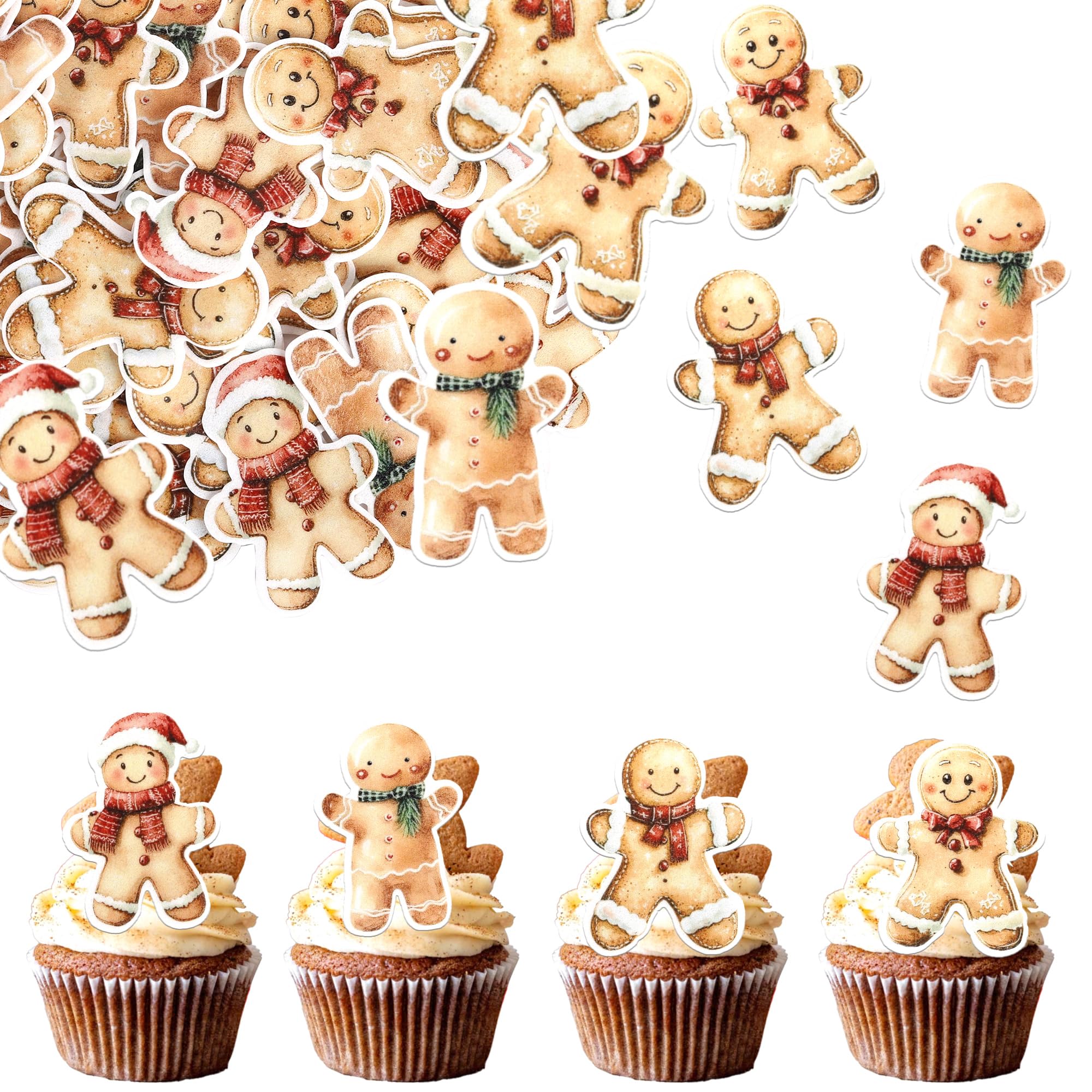 60 Pack Edible Gingerbread Cupcake Toppers Christmas Gingerbread Man Party Decorations Gingerbread Cupcake Picks Decorations for Girls Xmas Baby Shower Birthday Party Supplies