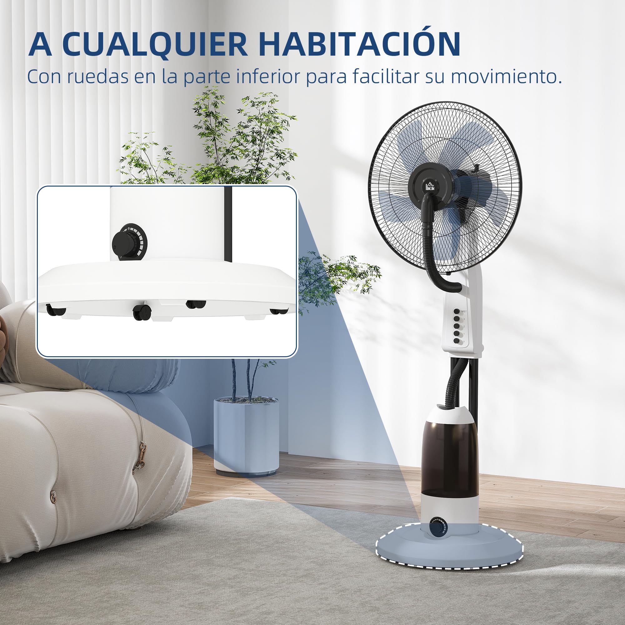 HOMCOM Ventilador Silencioso con Nebulización 90W, Ventilador de Pie de 120cm con 3 Velocidades, Oscilación de 70°, Cabezal Ajustable, Depósito de Agua de 2,8L, Blanco