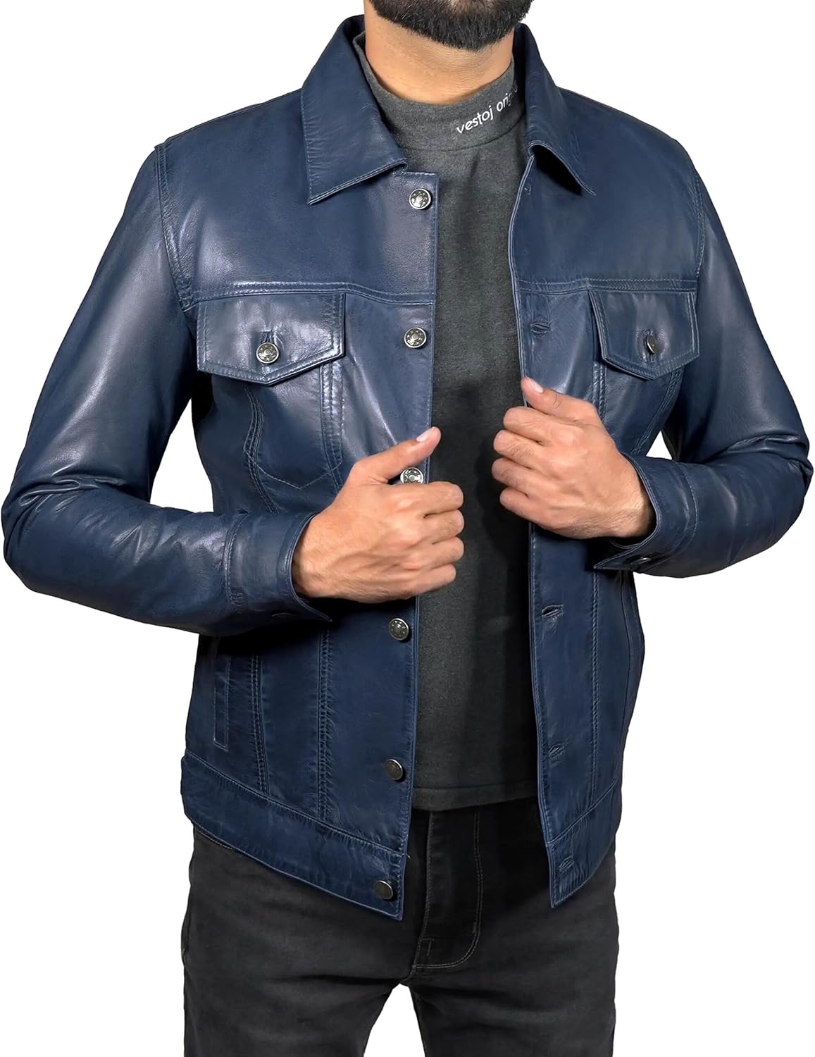 Mens Genuine Distressed Leather Motorcycle Jacket Trucker - American Style Vintage Western Trucker Jacket Men