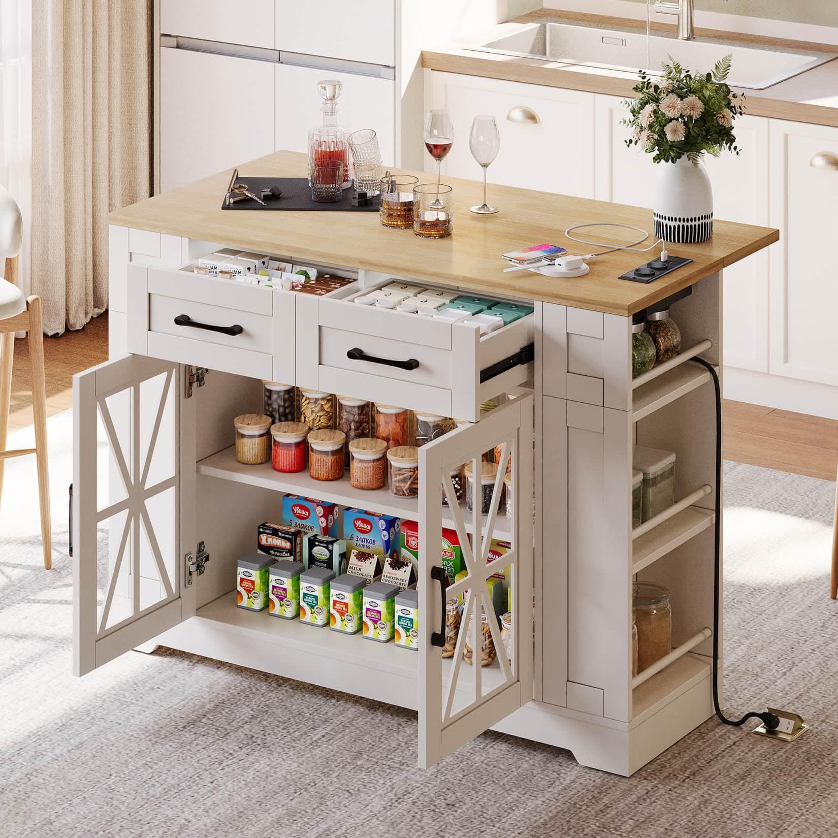 Desserte Cuisine à Roues Verrouillables 120x65x92cm,Ilot Central Cuisine avec Plan de Travail Pliable,2 Tiroirs,6 Étagères Ouvertes,Étagères Réglables,2 Portes Vitrées,Prises (A-Blanc)