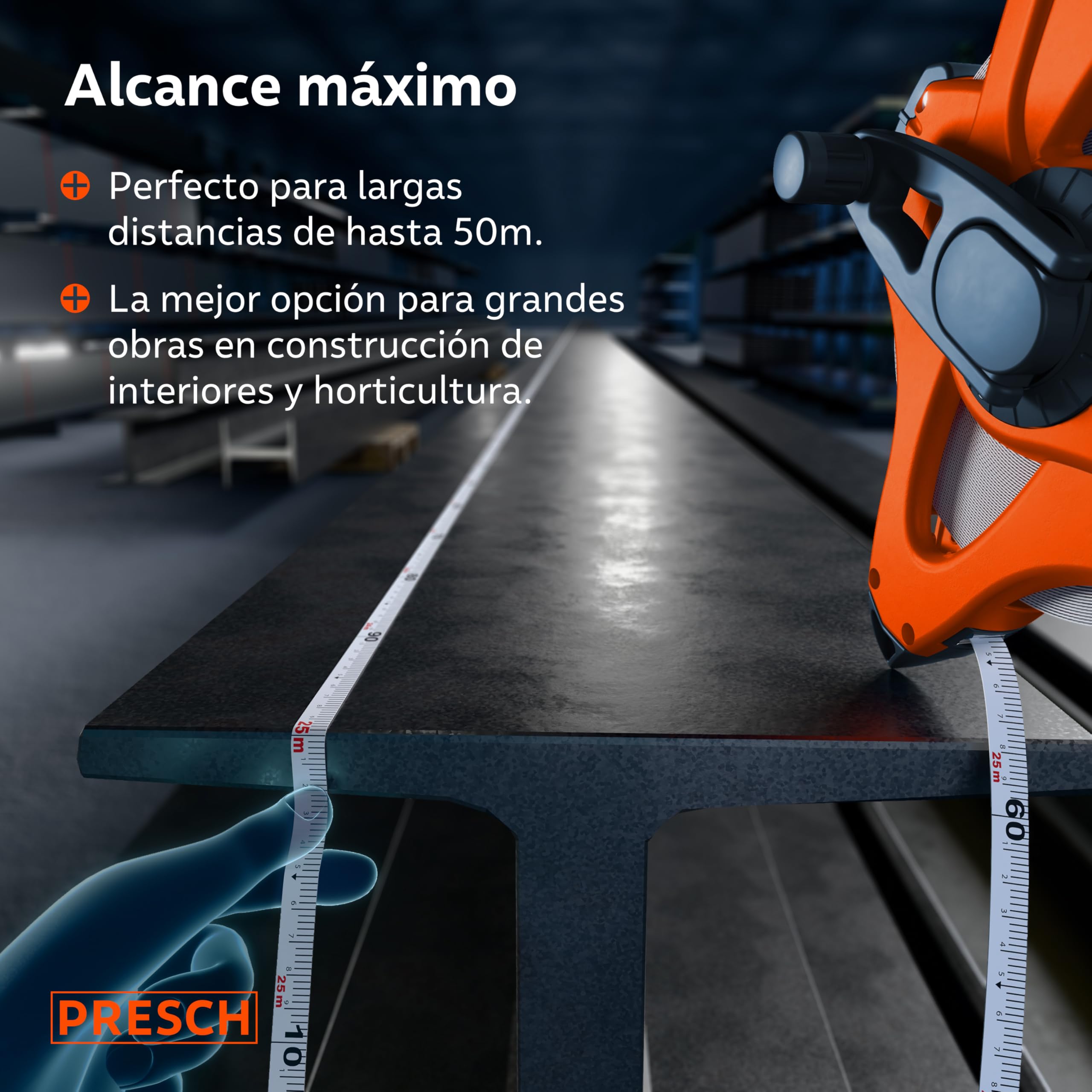 Presch Cinta Métrica 50 metros – Retorno rápido 3:1 – Flexómetro de fibra de vidrio resistente – Bloqueo de manivela para tensión perfecta – Sujeción segura con gancho multifunción