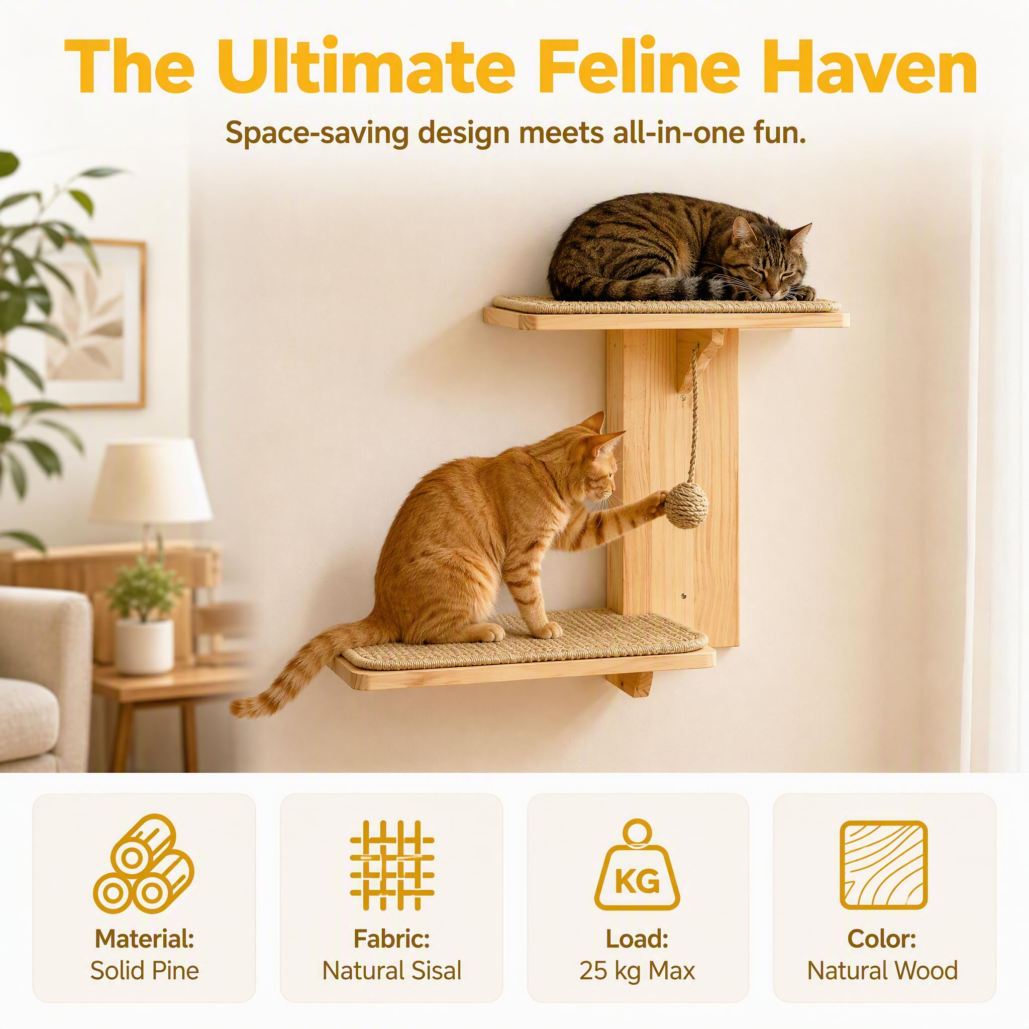 Kletterwand Katze Holz mit Integriertem Sisalball & 2 Plattformen