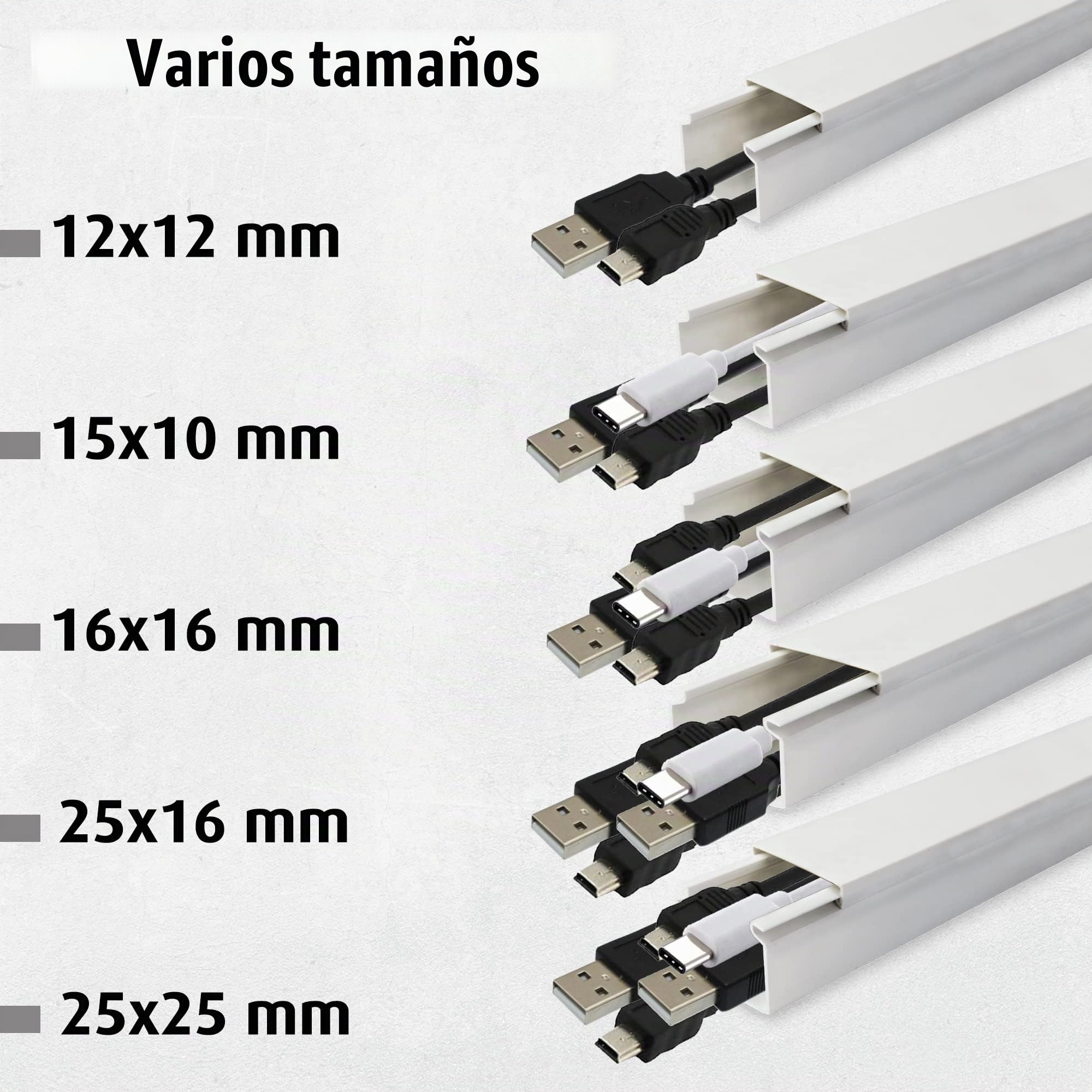 LION Electric Canaleta para cables, cinta adhesiva blanca 25 x 25 mm, 12 x 1 m, compartimento para ocultar, listón de cables con cinta adhesiva de espuma para escritorio, pared