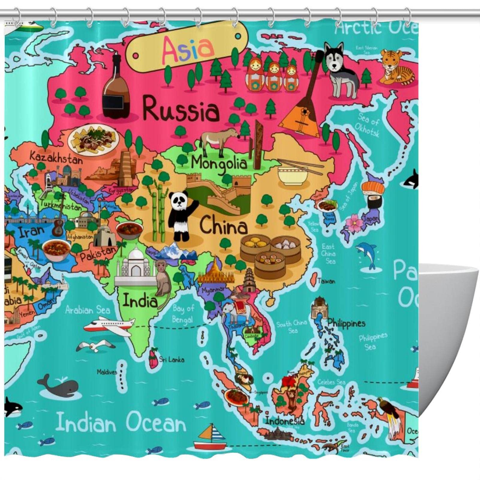 Rideau de douche carte de l'Asie imperméable 182x183 cm avec 12 crochets pour salle de bain