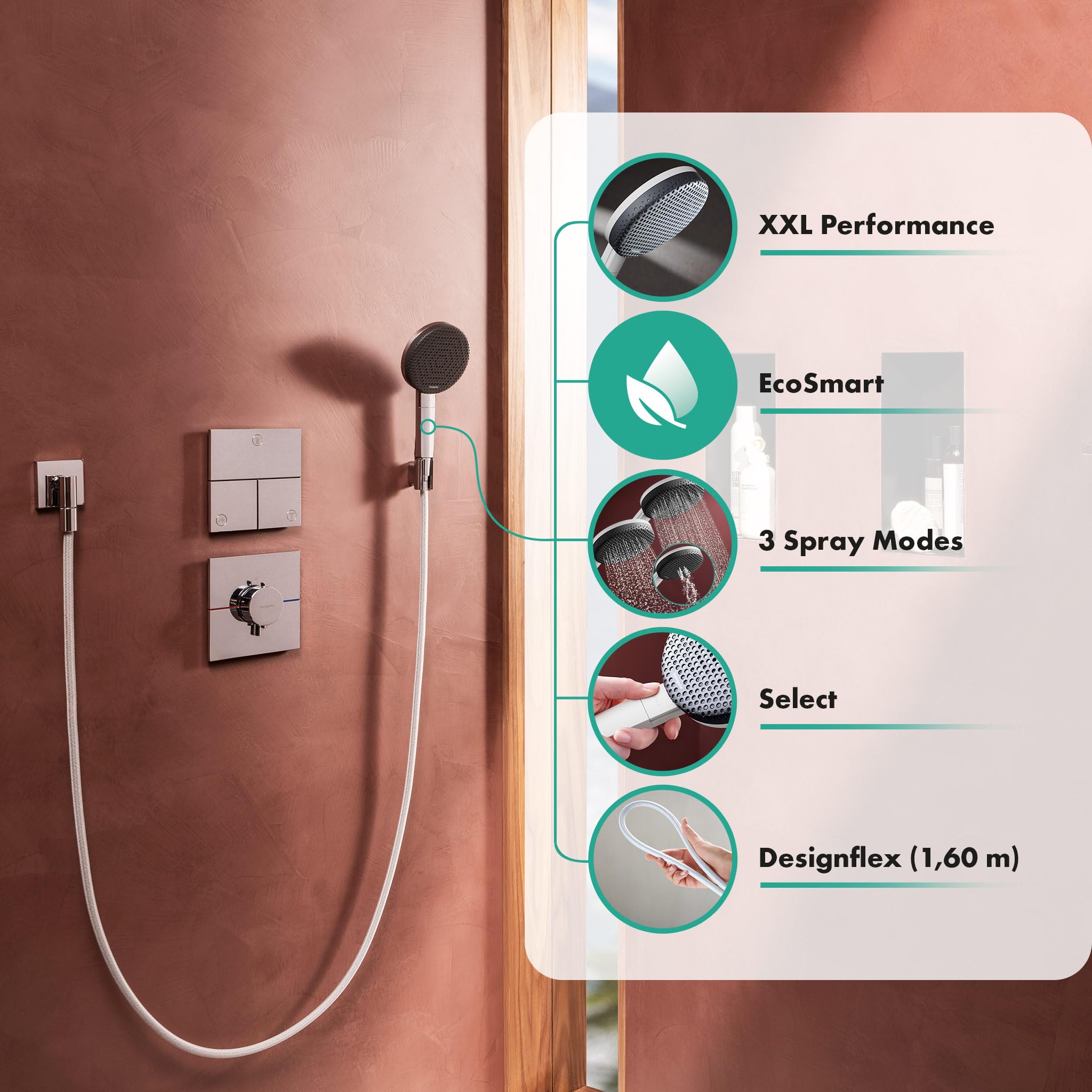 hansgrohe Raindance Alive Select S - Set doccetta per doccia con doccino a risparmio idrico (EcoSmart, 3 getti incl. PowderRain), tubo flessibile (1,60 m) e supporto, bianco opaco, 24611700