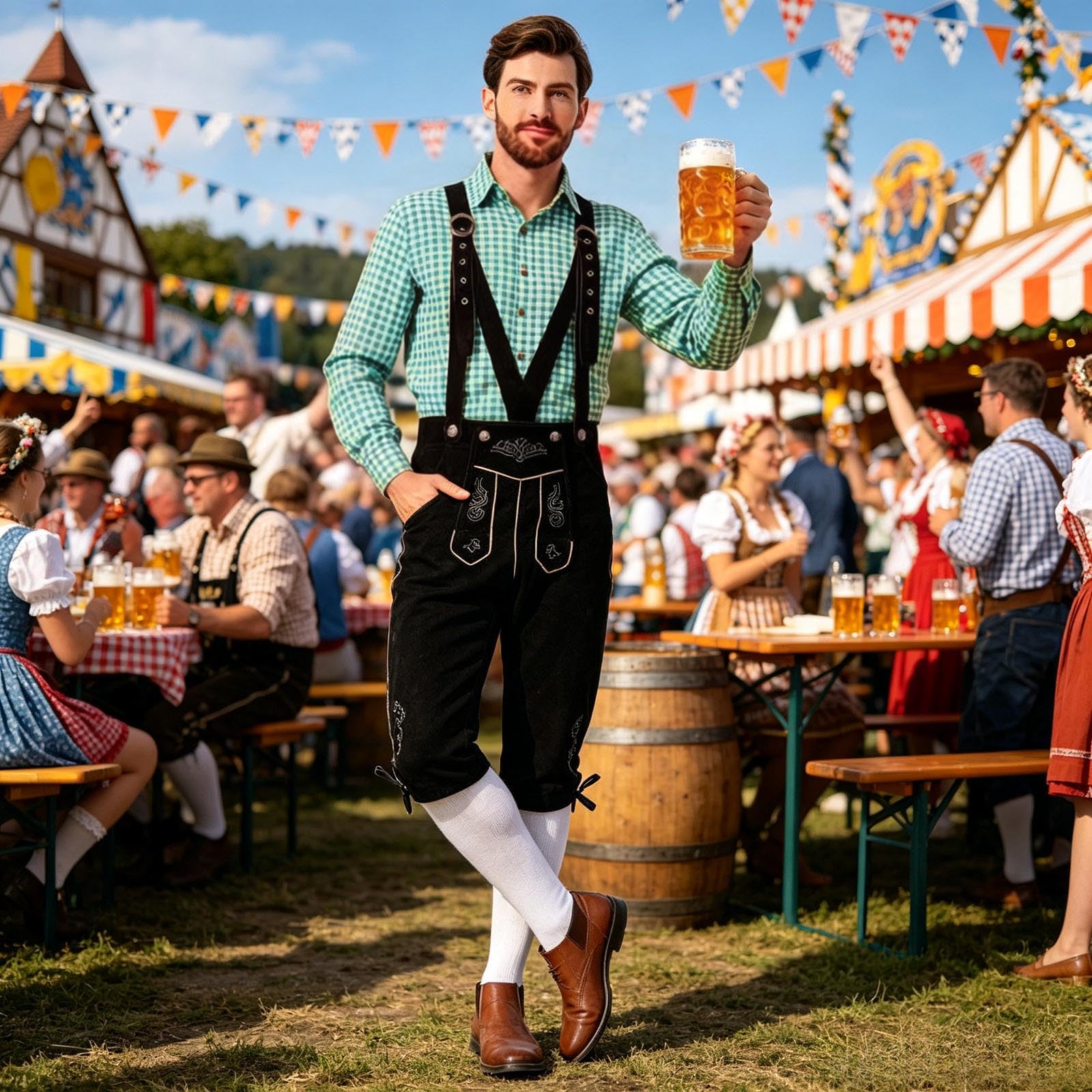 Generisch Oktoberfest Herren Outfit, traditionelles Bayerisches Hosenträgerhosen-Set mit klassischem Karohemd, komfortable Passform für langanhaltende Festnutzung und Rollenspiele
