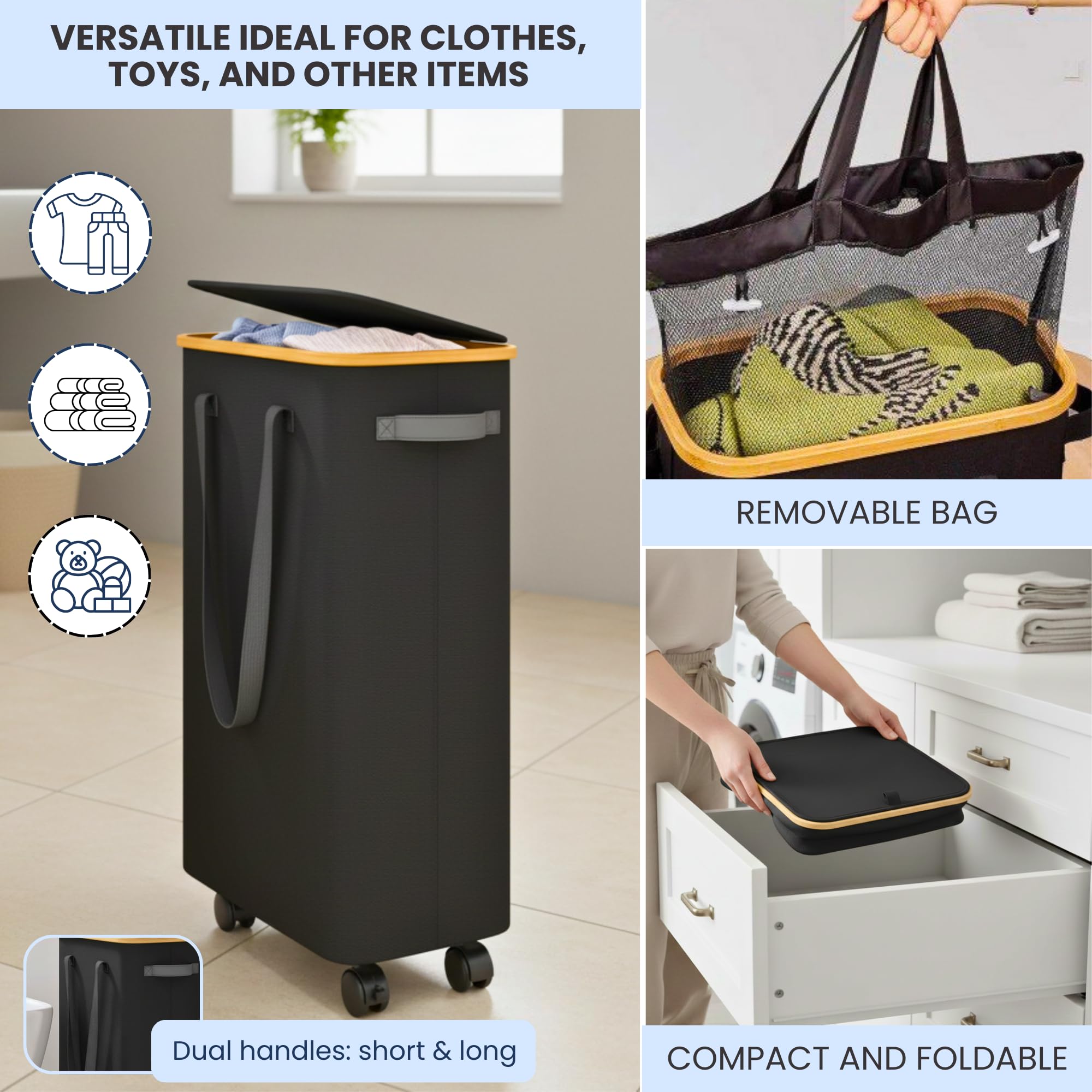 Cesto per Biancheria Sporco con Ruote e Coperchio 70L, Grande Cesto per Bucato Pieghevole con Sacco Interno Rimovibile e Maniglie, Ideale per Bagno, Camera e Lavanderia