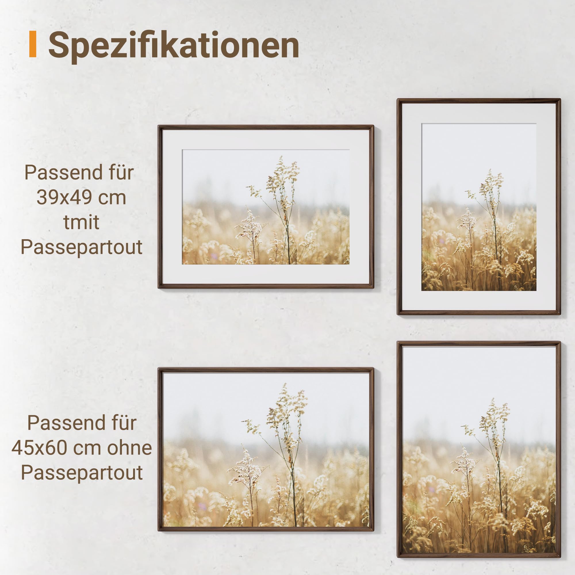 Bilderrahmen 45x60cm aus Massivholz Nussbaum, HD Gehärtetes Glas, Fotorahmen mit Passepartout für 34x49cm, Modern, Deko für Wohnzimmer & Büro, Wandmontage
