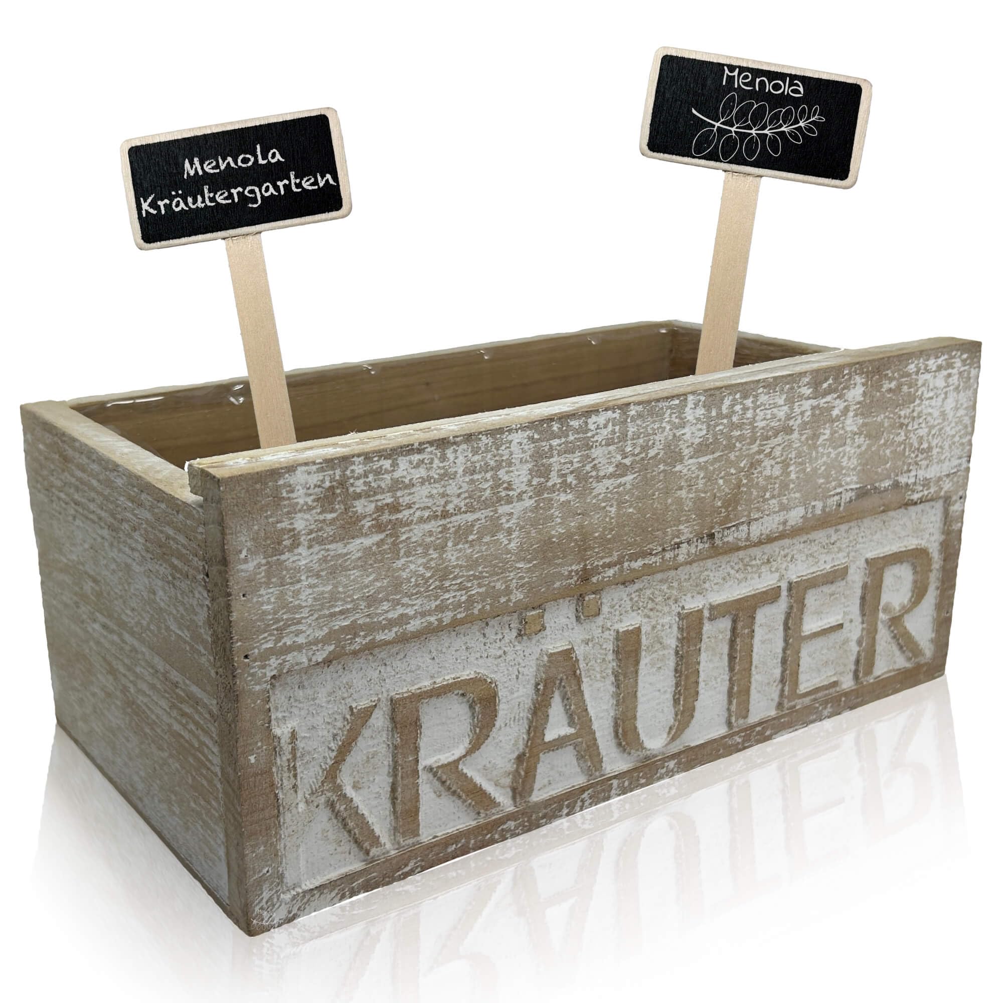 Küchenkräuter Set Natur – Holz-Kräuterkiste mit Eingefrästem “Kräuter”-Schriftzug – Inkl. Auslaufschutz & 2X Beschriftbare Kräuterschilder – Perfekt für Basilikum, Minze & Petersilie