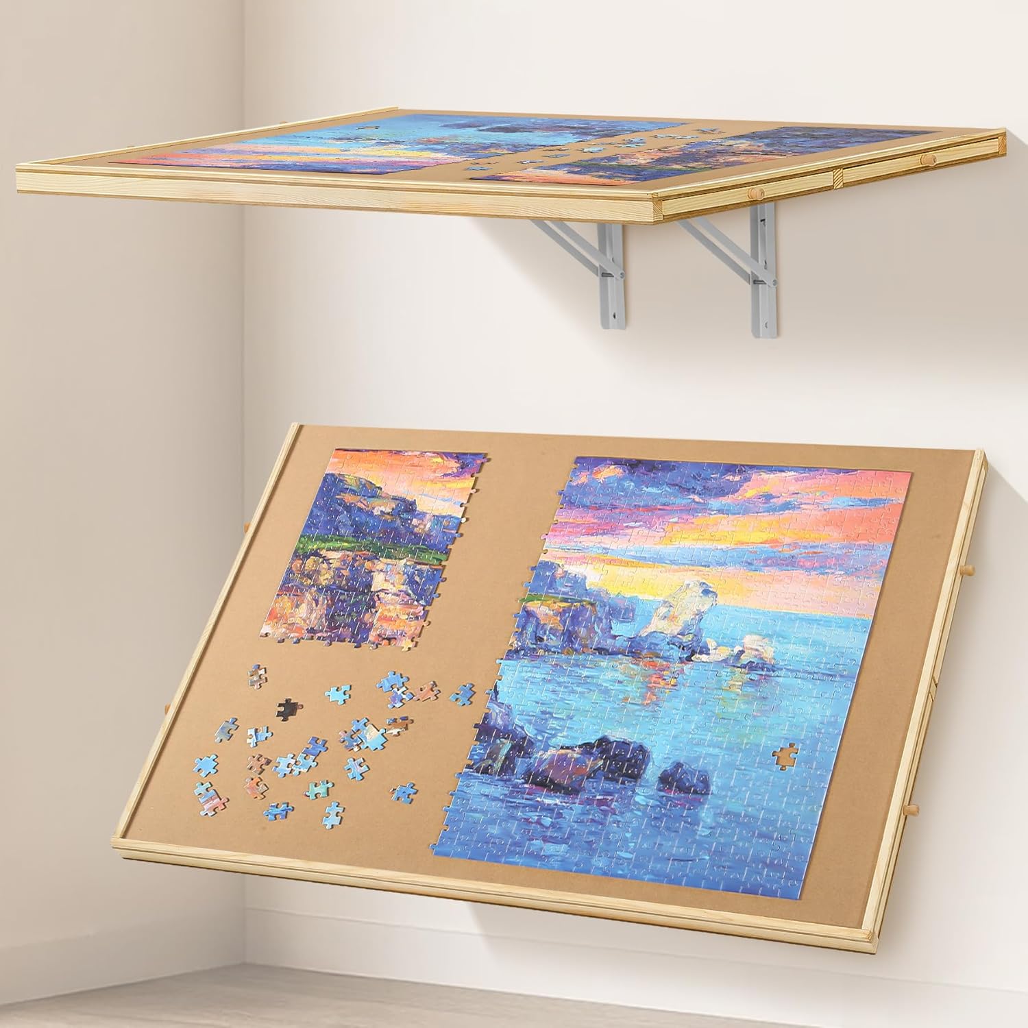 Wall Mounted Folding Puzzle Board, 1500 Pieces Puzzle Table with Adjustable Steel Brackets, Space-Saving Wooden Puzzle Board with Non-Slip Surface