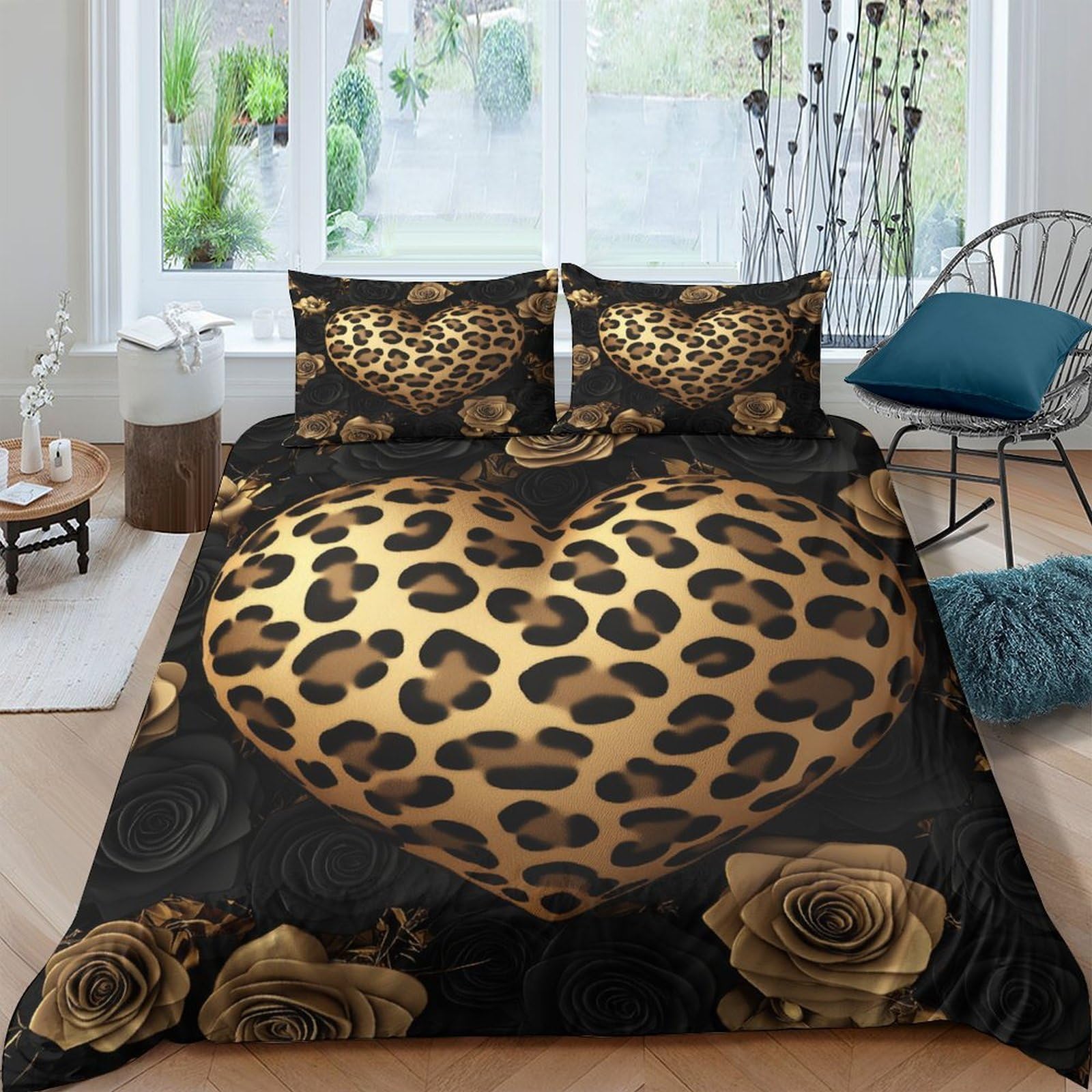 Ctjqhvkz Style-2 3D Printed Leopard Heart Fitted Sheet Microfiber Soft Golden Rose Bed Cover For Bedroom Guest Room Decor Protection Single（135X200cm）